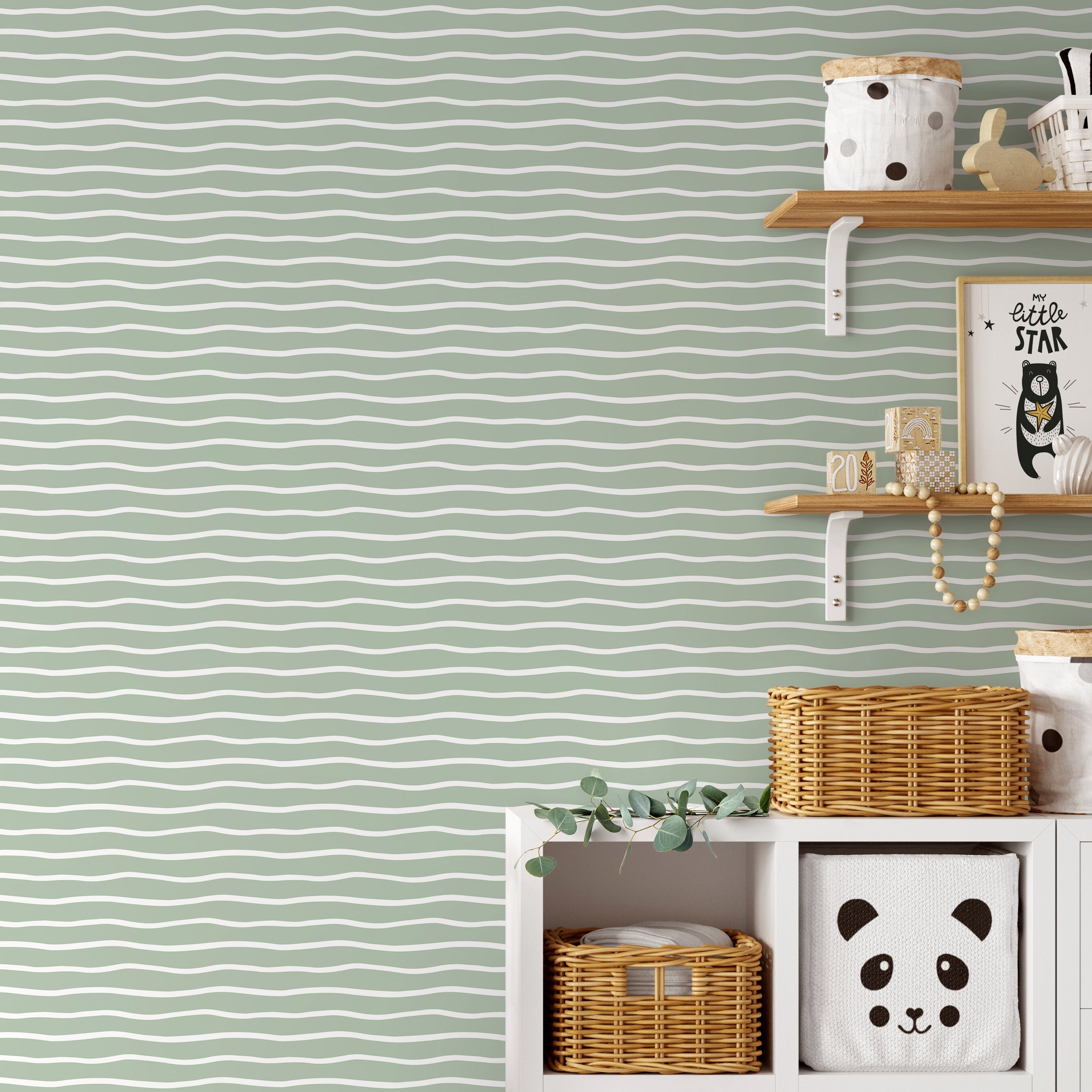 Abstract Wallpaper With Wavy Lines In Light Green And White - D747