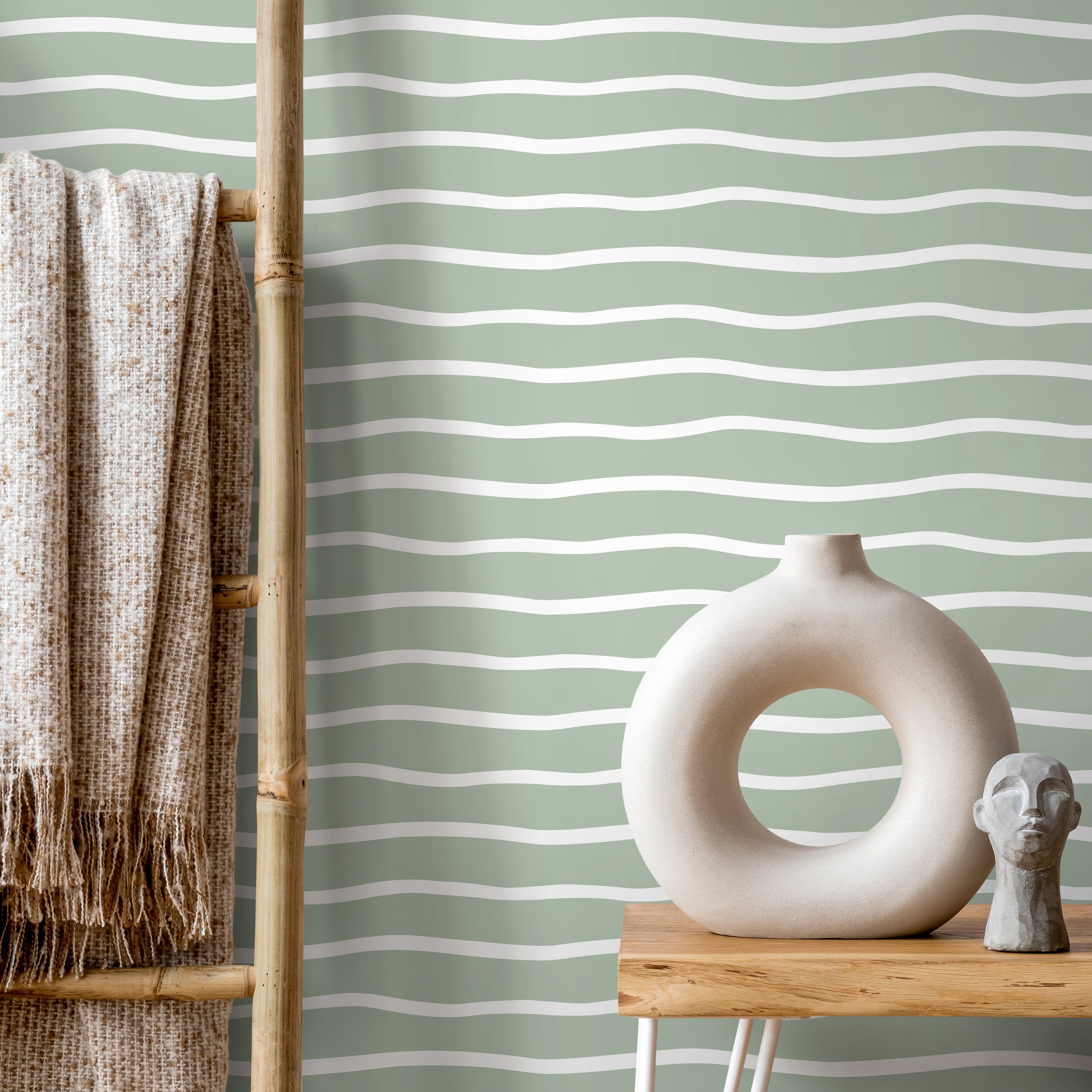 Abstract Wallpaper With Wavy Lines In Light Green And White - D747
