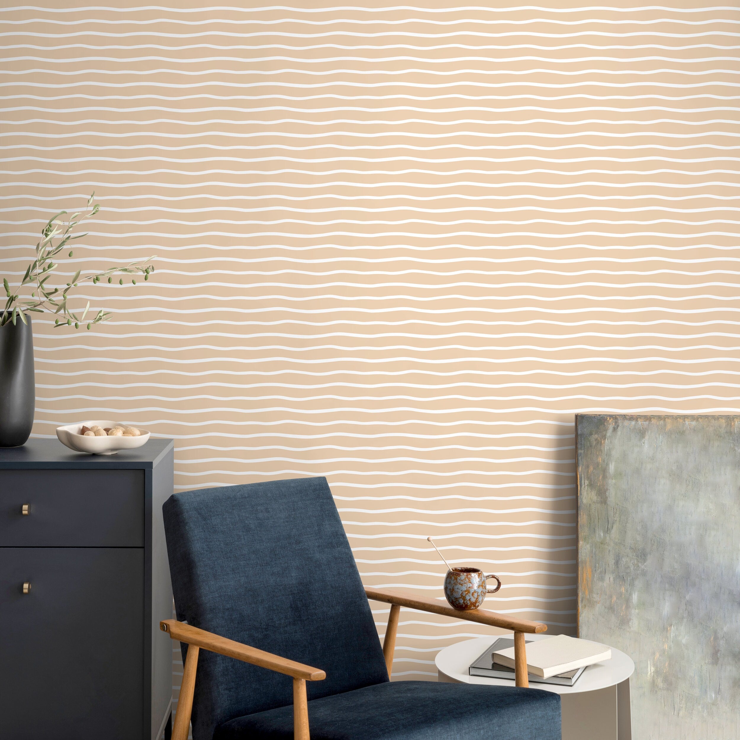 Abstract Wallpaper With A Wavy Line Motif In Beige And White - D748