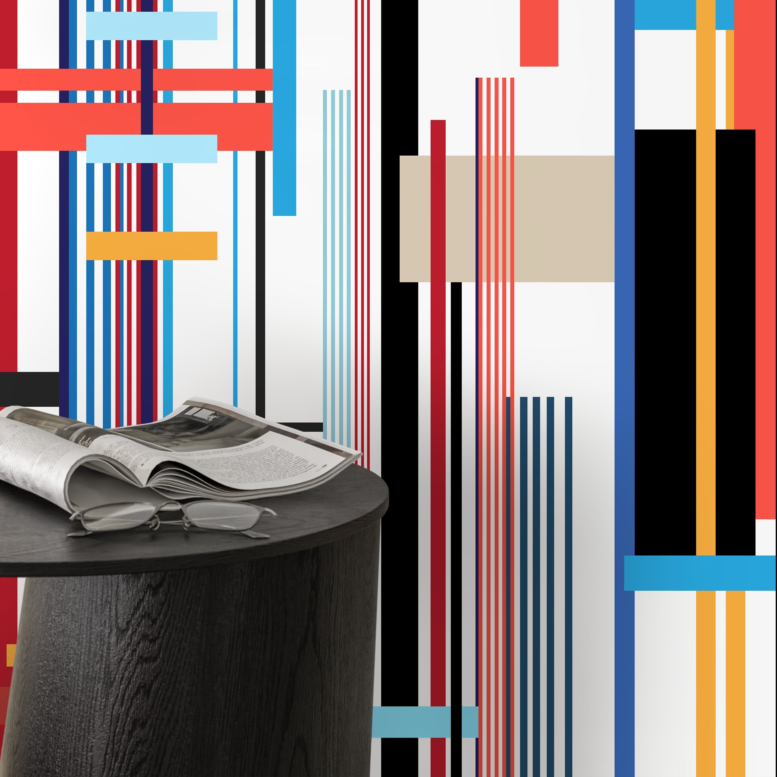 Geometric Wallpaper With Intersecting Lines In Red, Blue, And Yellow - D753