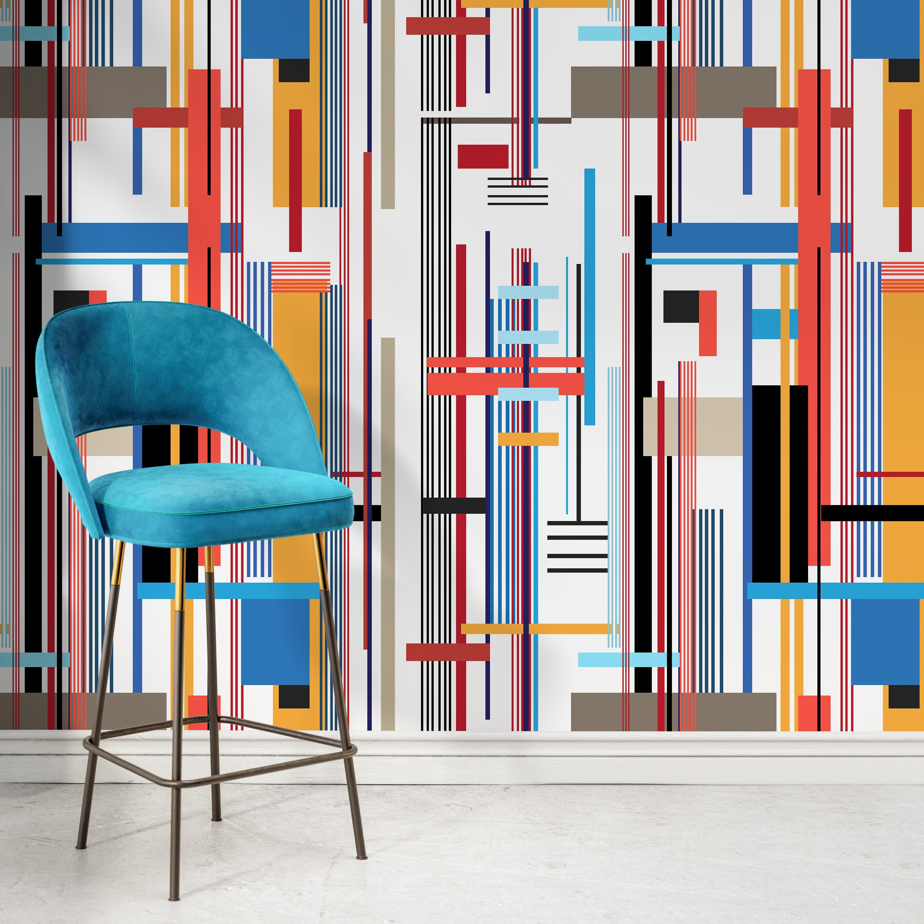 Geometric Wallpaper With Intersecting Lines In Red, Blue, And Yellow - D753