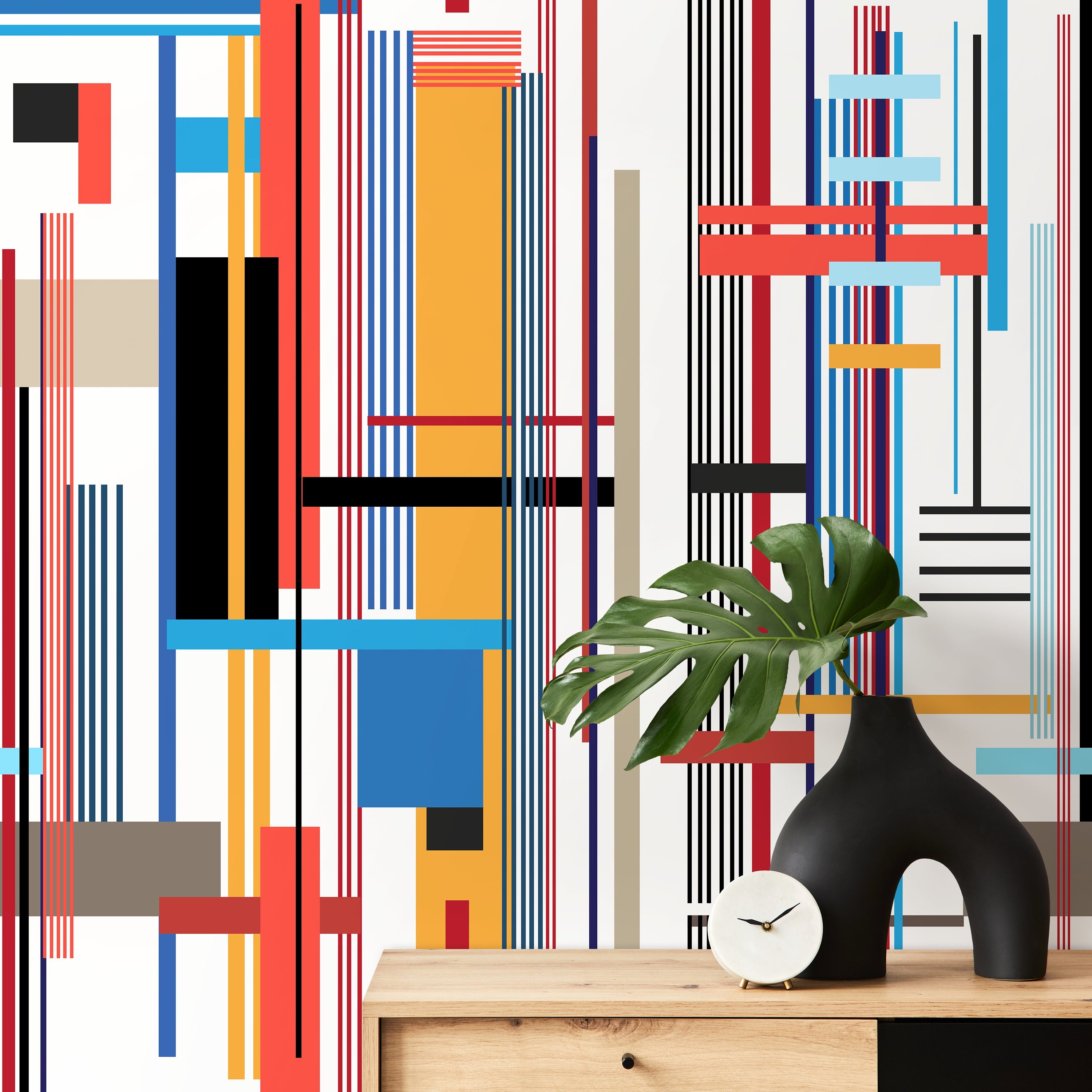 Geometric Wallpaper With Intersecting Lines In Red, Blue, And Yellow - D753