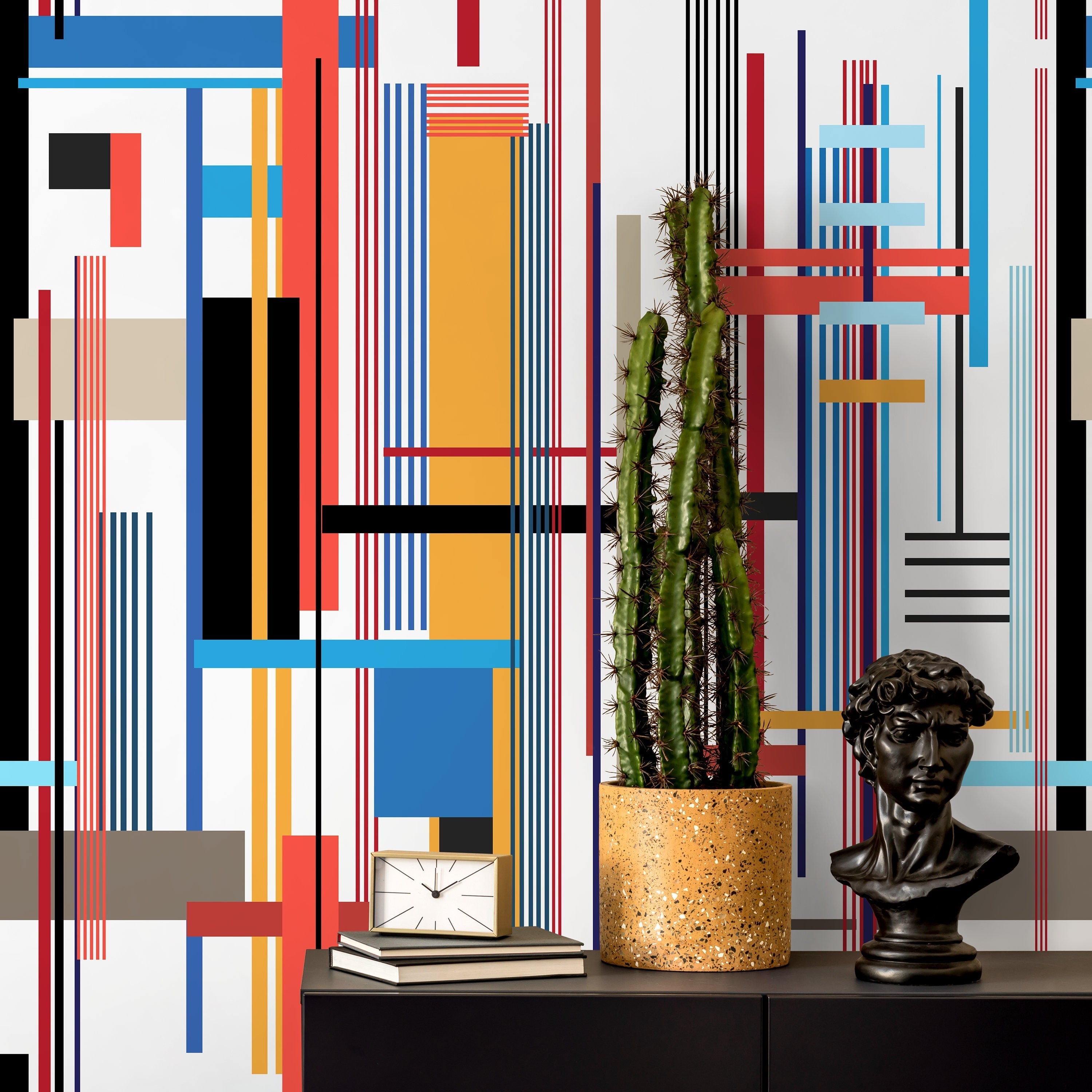 Geometric Wallpaper With Intersecting Lines In Red, Blue, And Yellow - D753