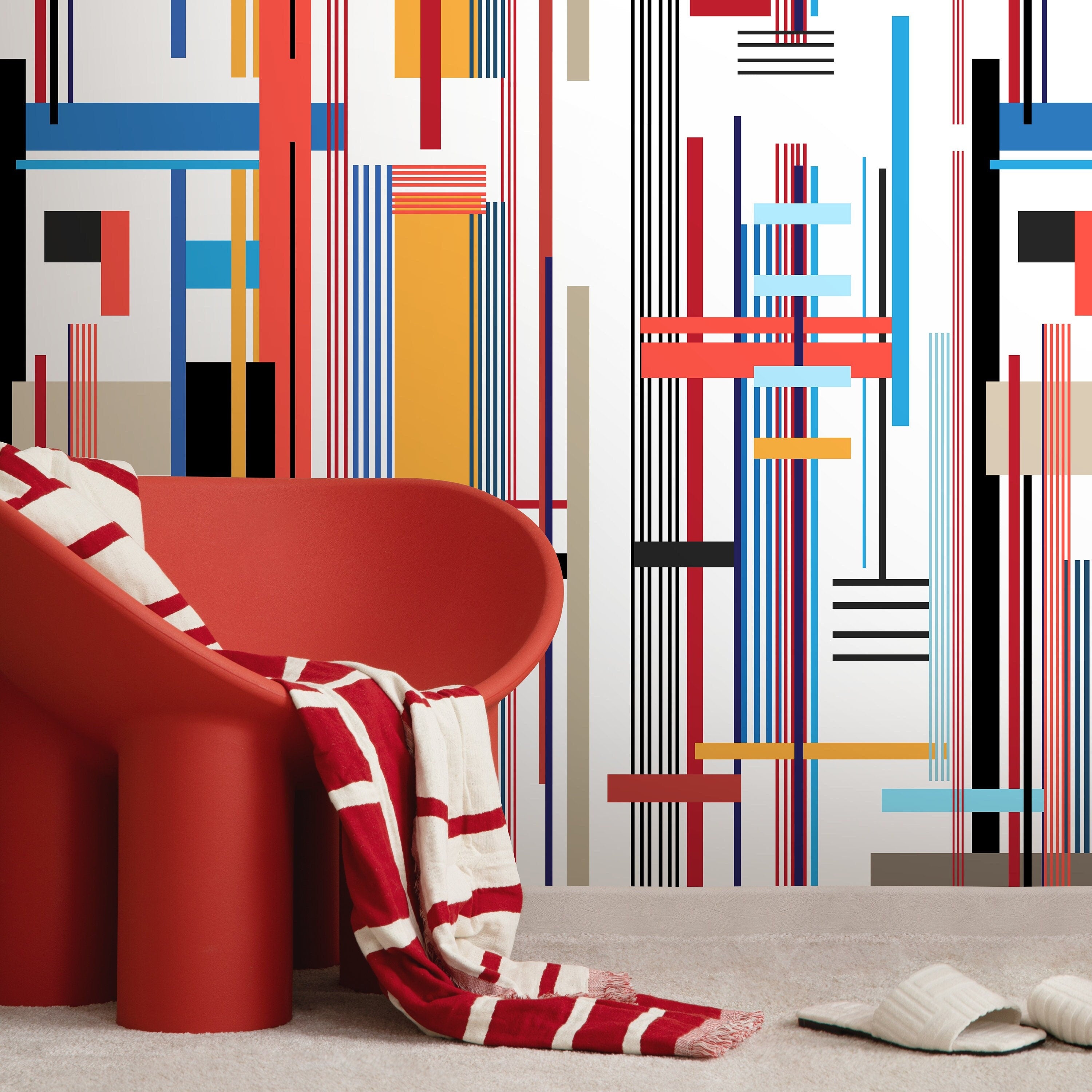 Geometric Wallpaper With Intersecting Lines In Red, Blue, And Yellow - D753