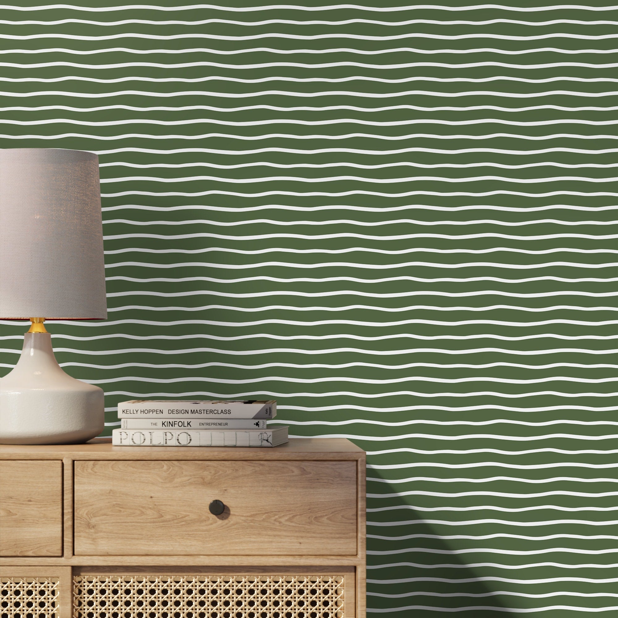 Abstract Wallpaper With Wavy Horizontal Lines In Dark Green And White - D750
