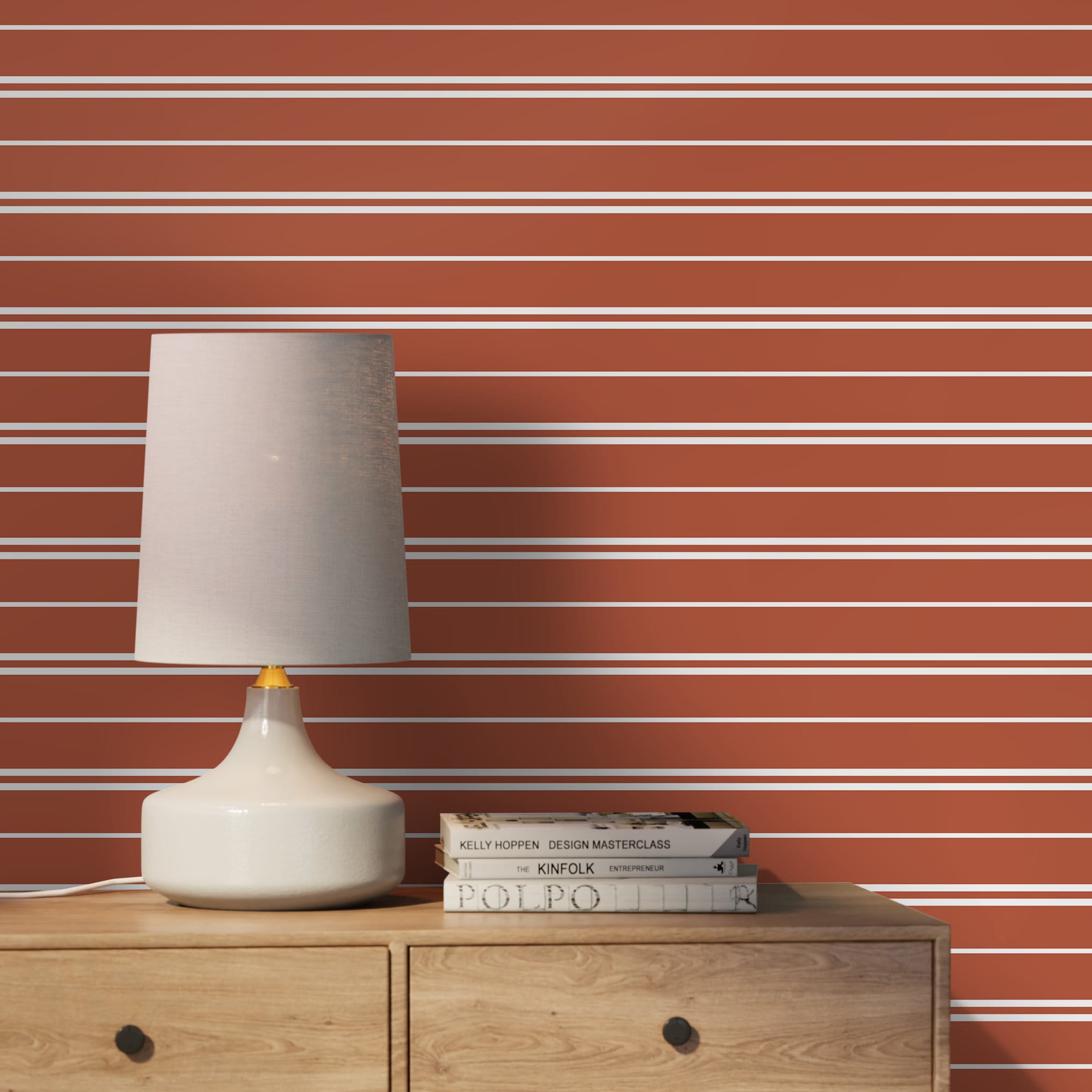 Striped Wallpaper Featuring Modern Pinstripes In Terracotta And White - D761