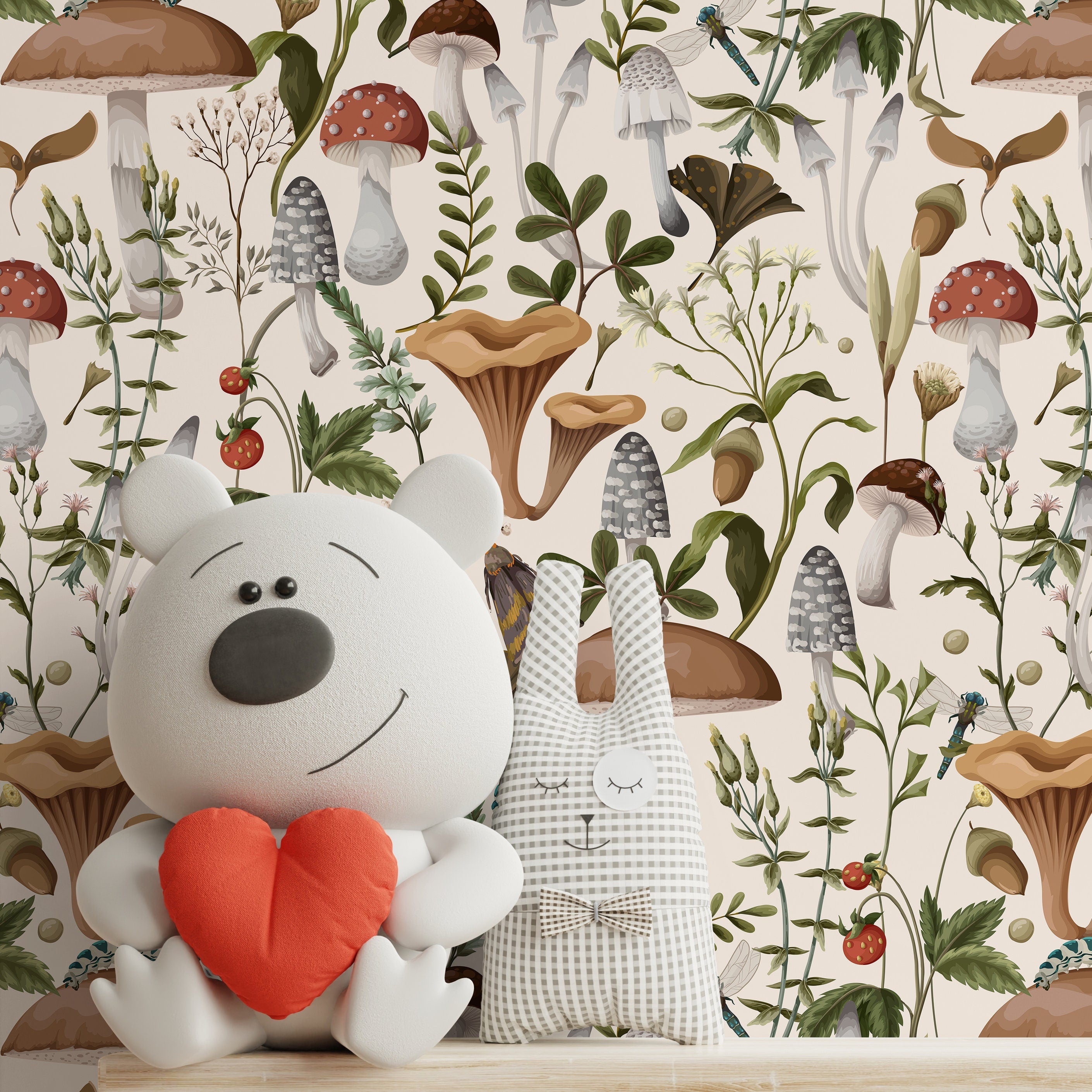 Botanical Wallpaper With A Vintage Mushroom And Insect Motif In Brown, Green, And Red - D817