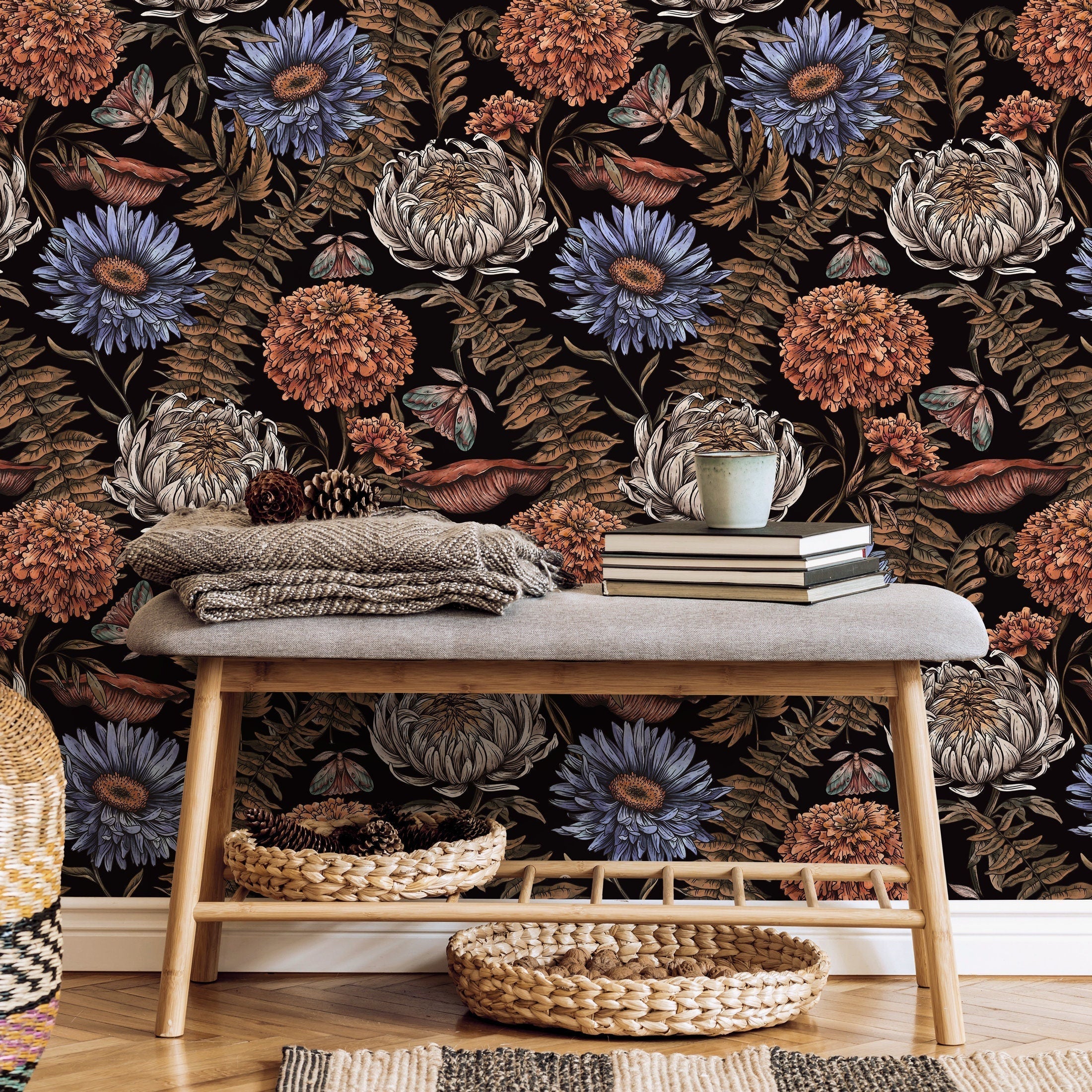 Botanical Wallpaper With Moths And Vintage Florals In Black, Blue, And Orange - D822