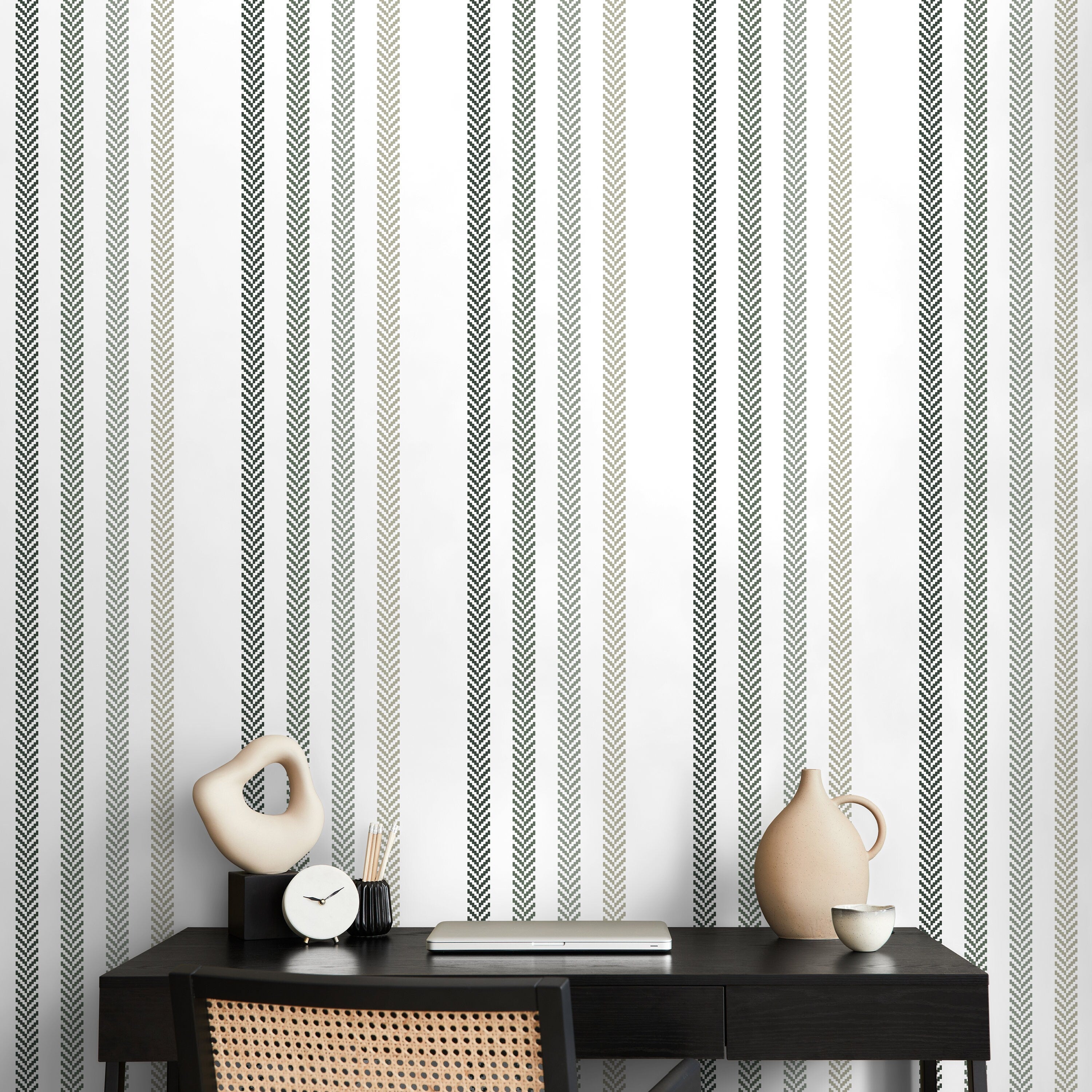 Striped Wallpaper With A Textured Herringbone Motif In Green And Taupe - D780