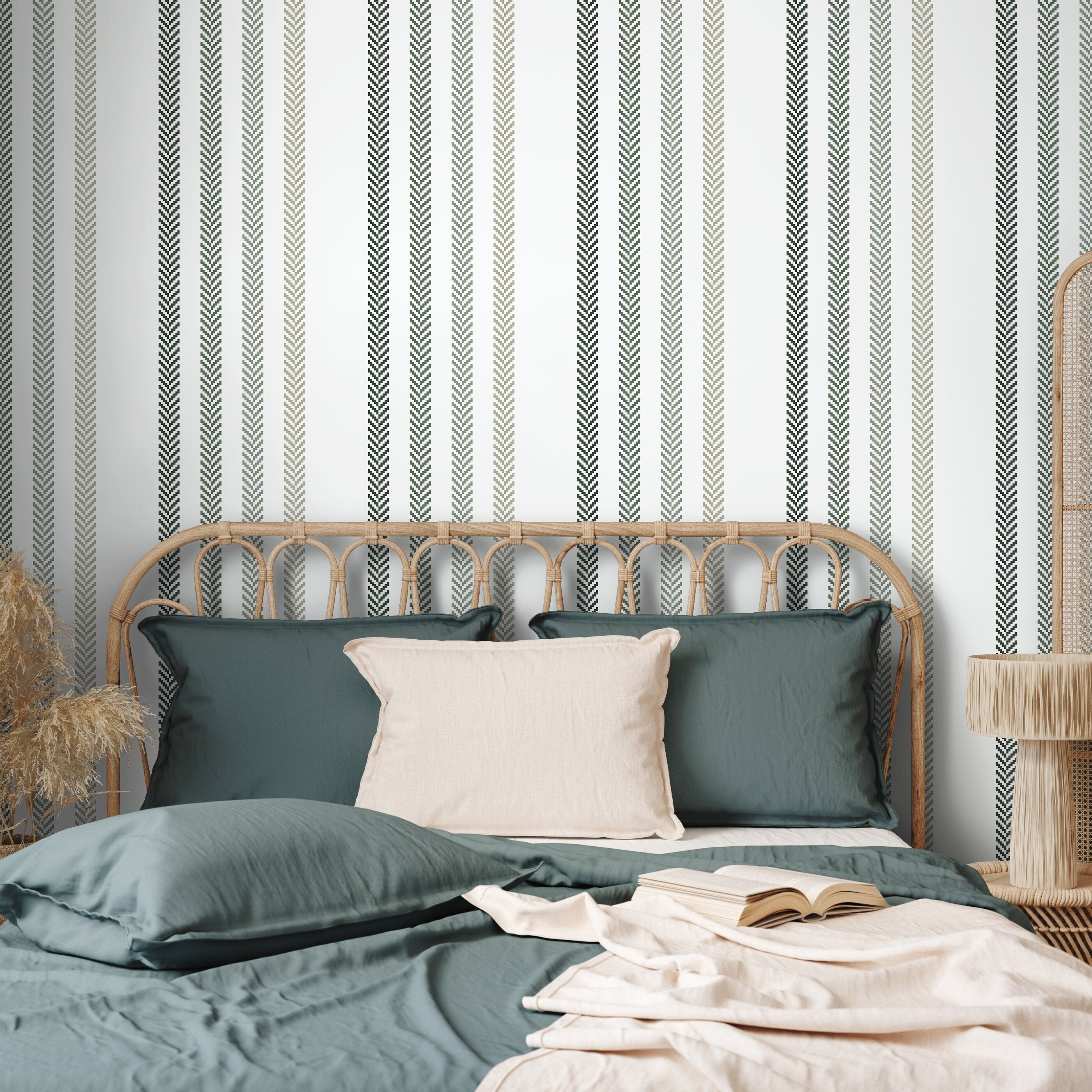Striped Wallpaper With A Textured Herringbone Motif In Green And Taupe - D780