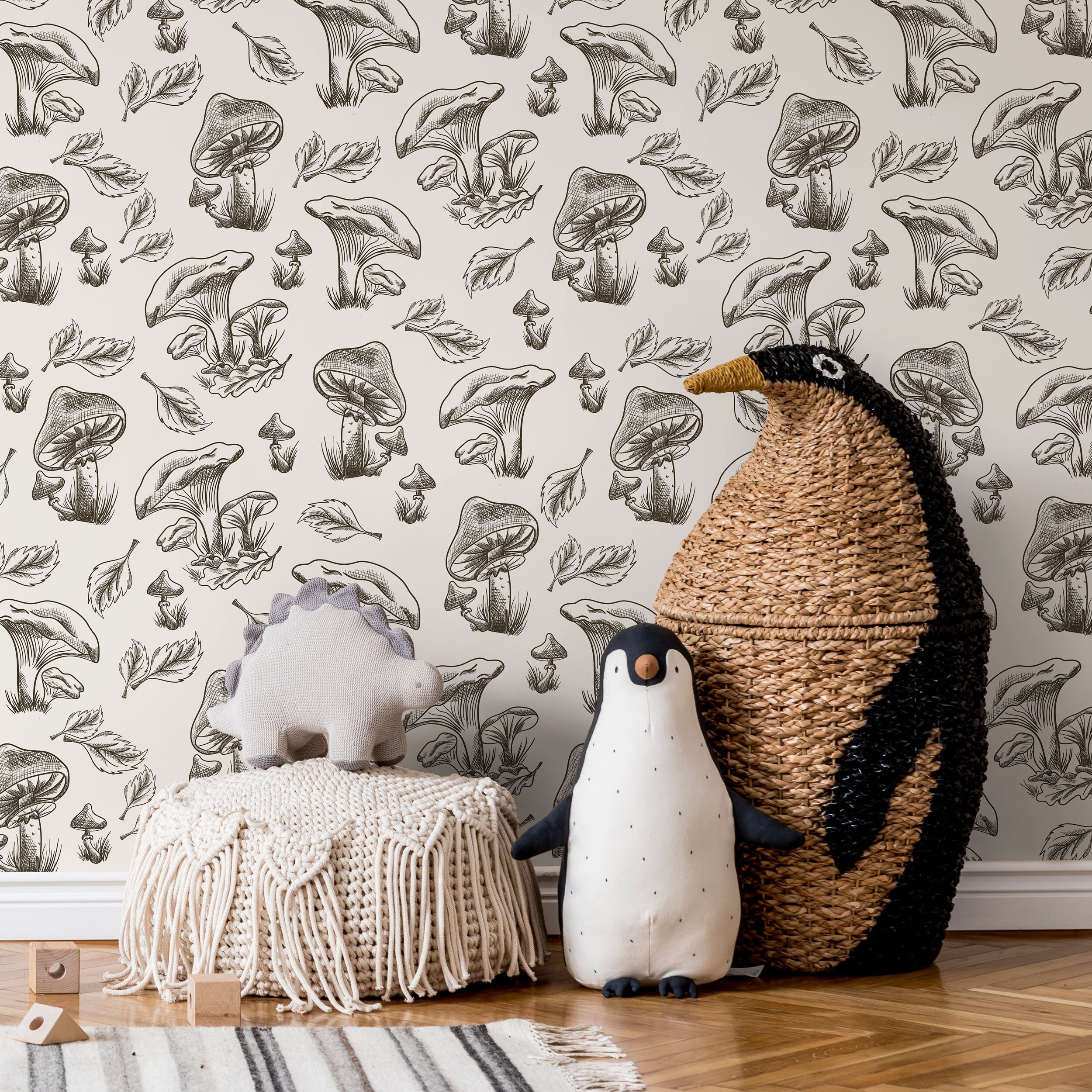 Botanical Wallpaper With Hand-drawn Mushrooms And Leaves In Black And White - D819