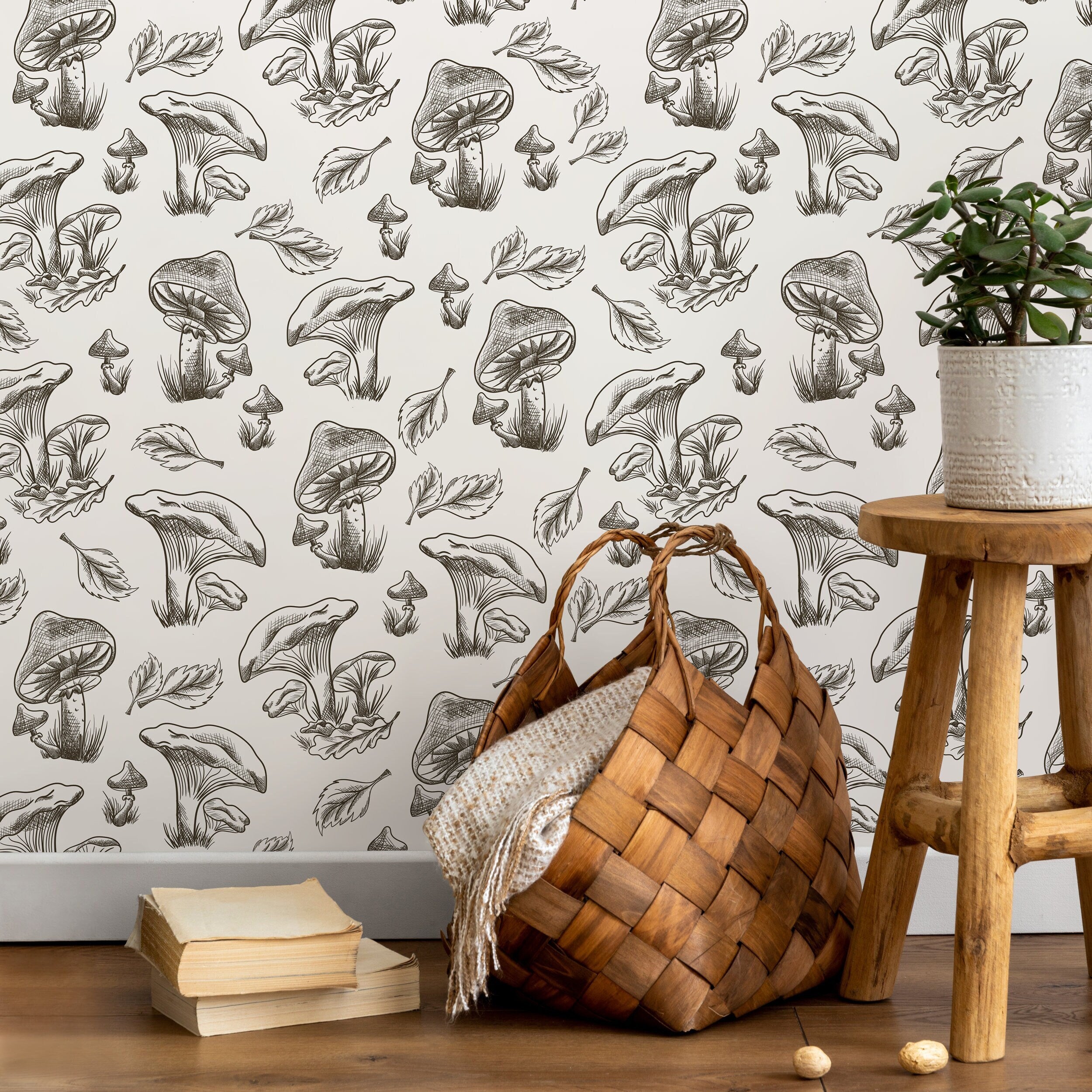 Botanical Wallpaper With Hand-drawn Mushrooms And Leaves In Black And White - D819