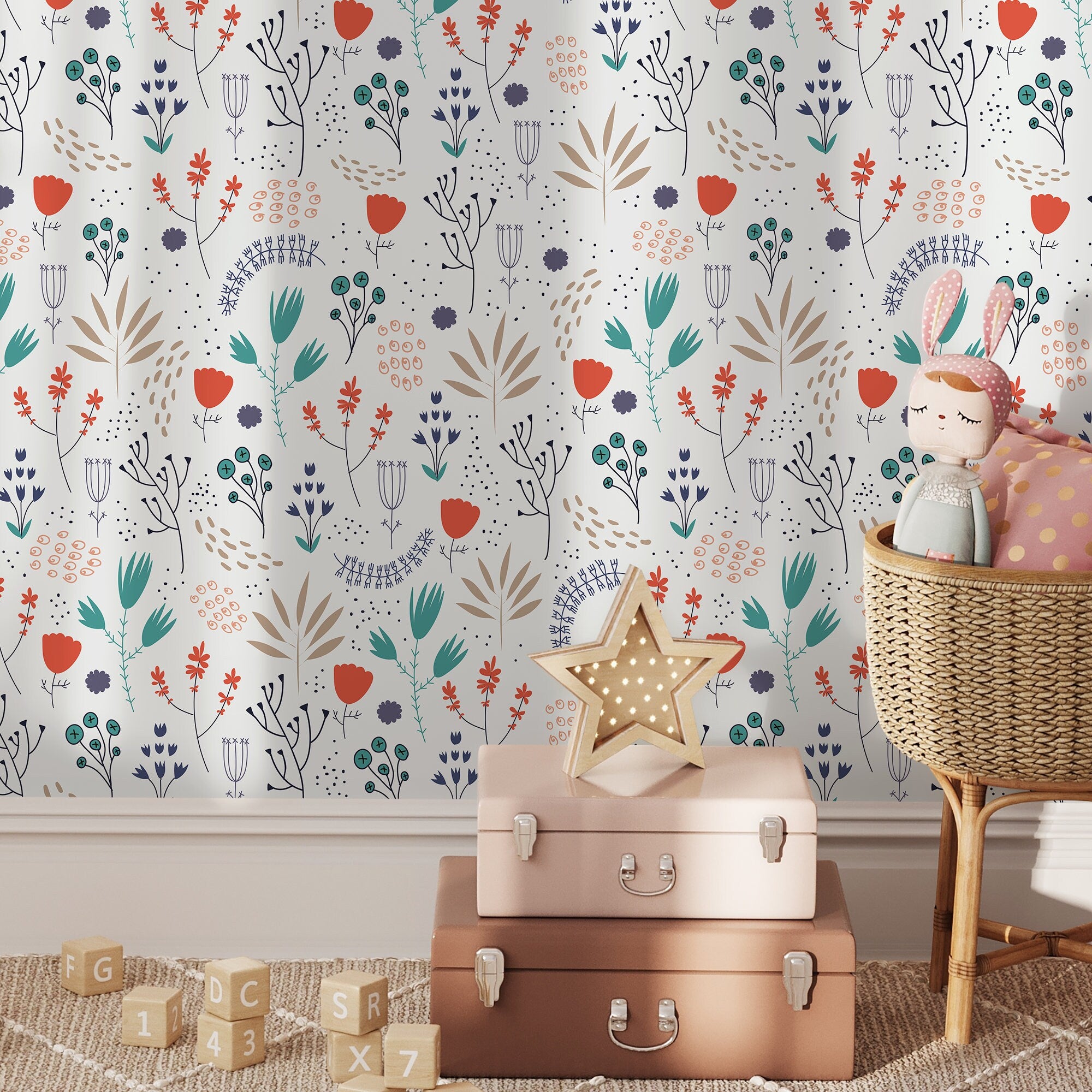 Scandinavian Wallpaper Featuring Stylized Wildflowers In Orange, Teal, And Blue - A163