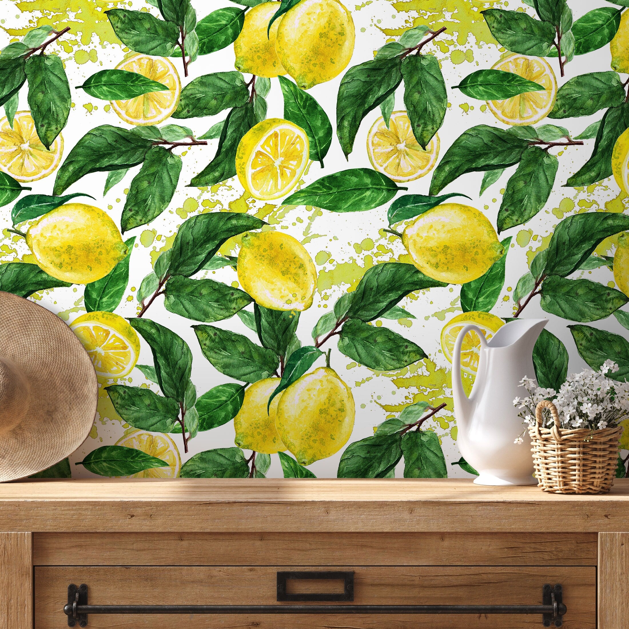 Tropical Wallpaper With A Watercolor Lemon Motif In Yellow And Green - A174
