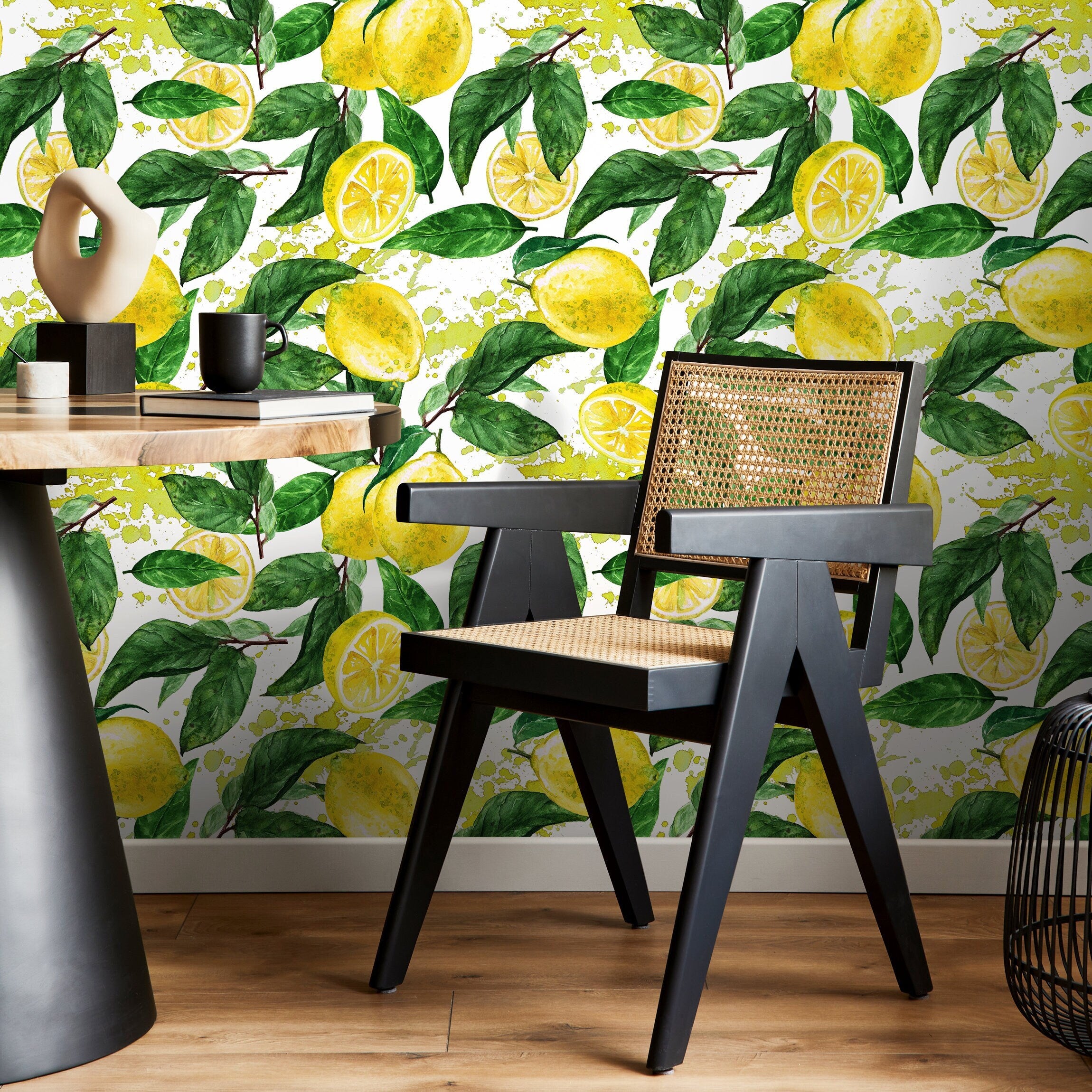 Tropical Wallpaper With A Watercolor Lemon Motif In Yellow And Green - A174