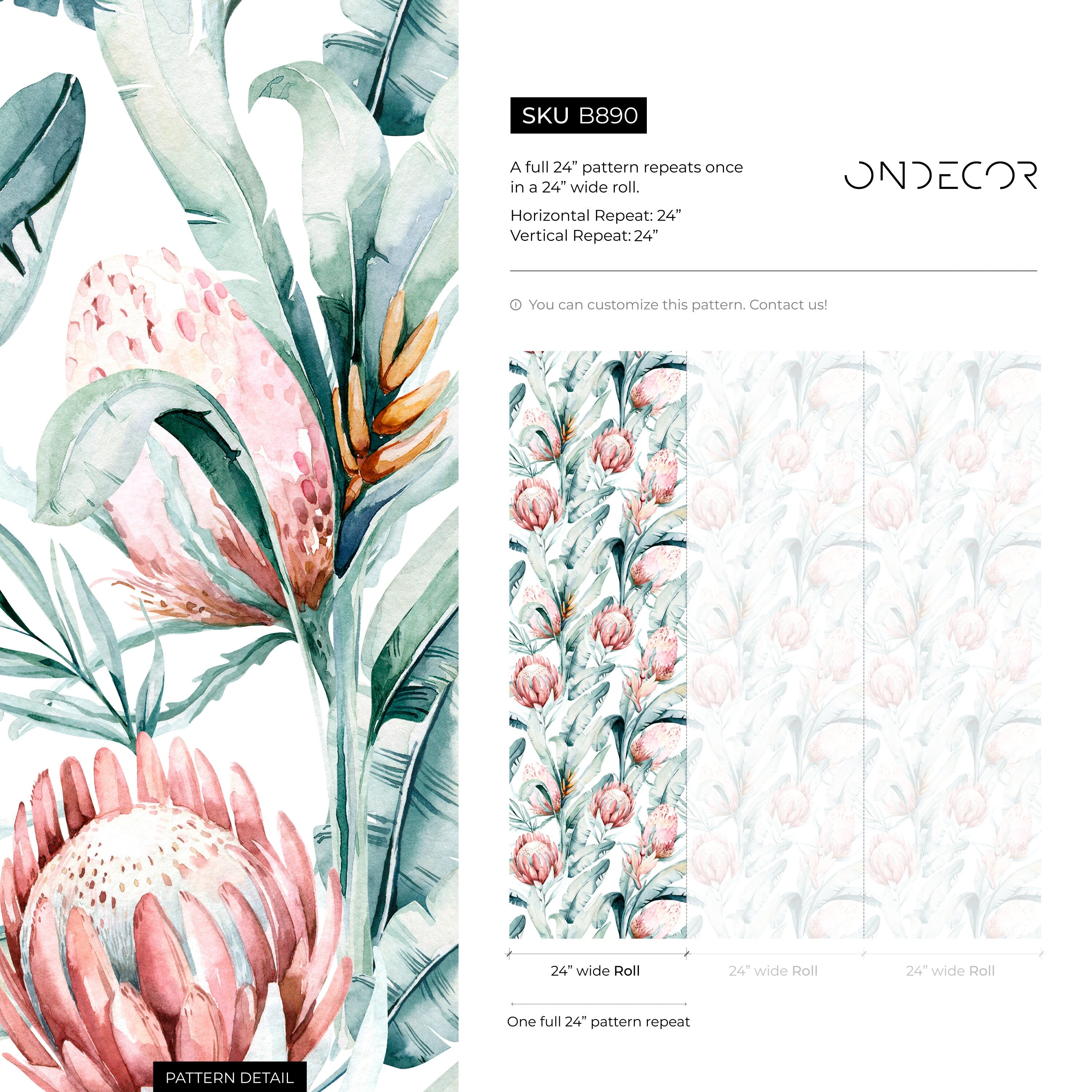 Botanical Wallpaper With Watercolor Protea Flowers In Pink And Green - B890