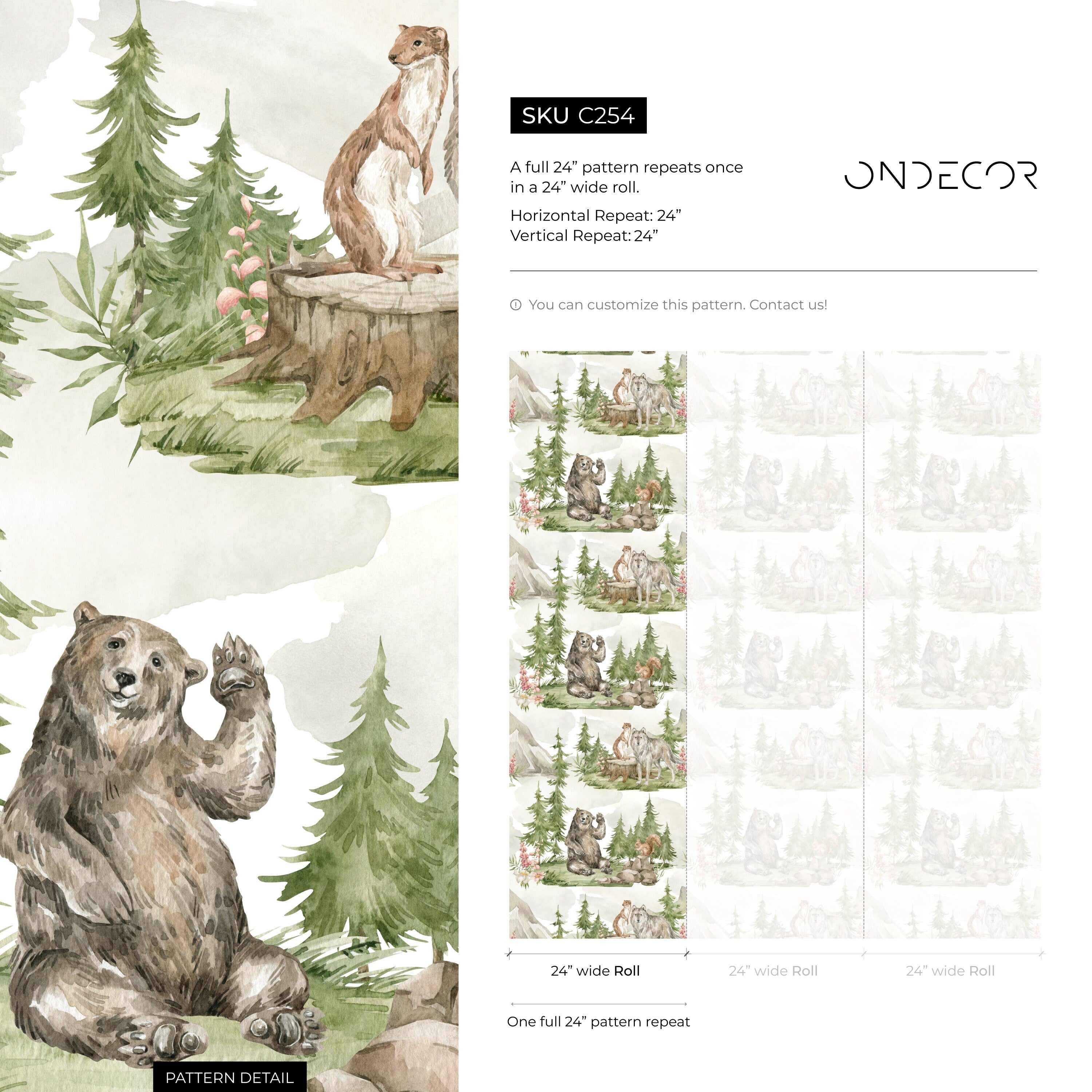 Woodland Wallpaper With Bears And Wolves In A Forest In Green, Brown, And Gray - C254