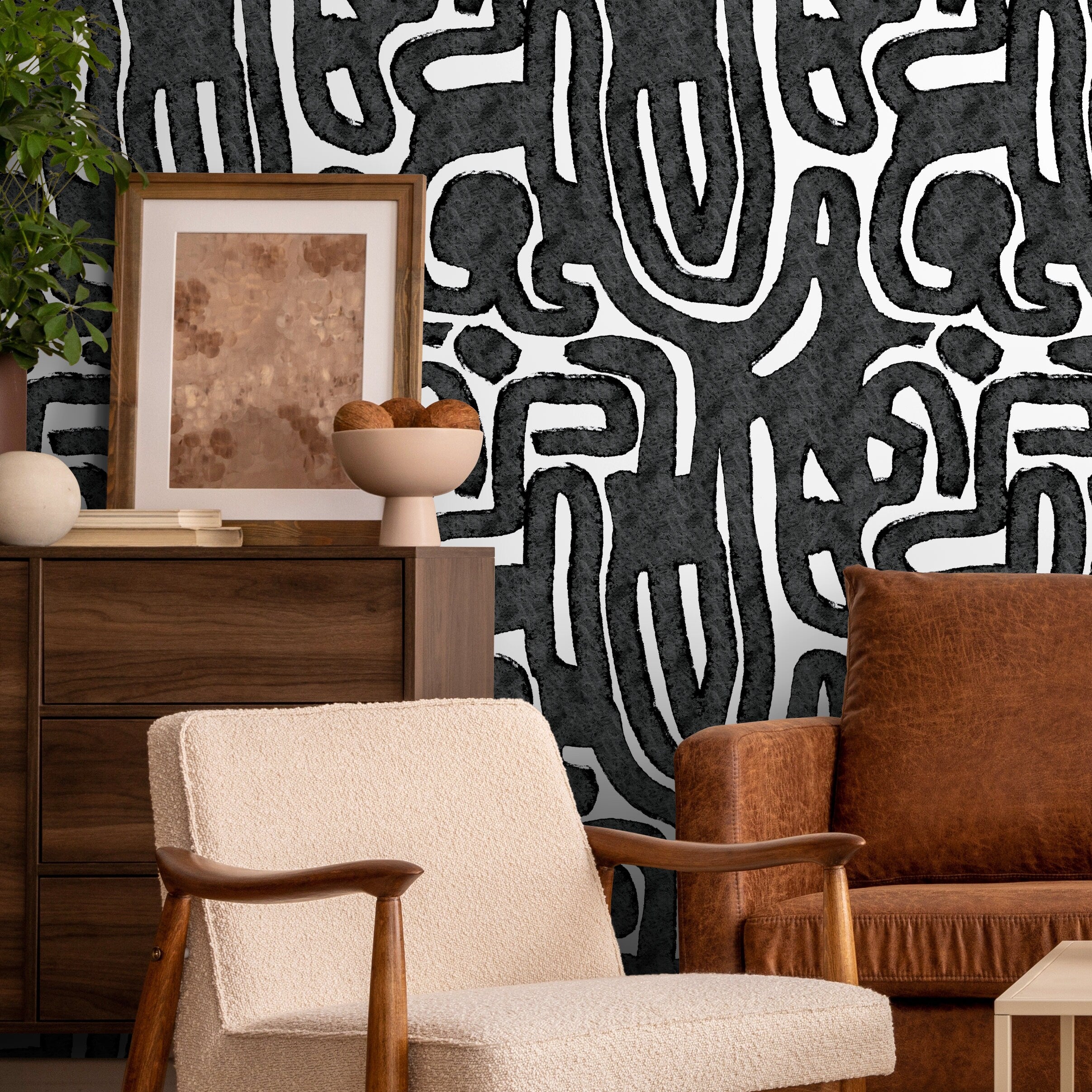 Abstract Wallpaper Featuring Bold Tribal Linework In Black And White - X103