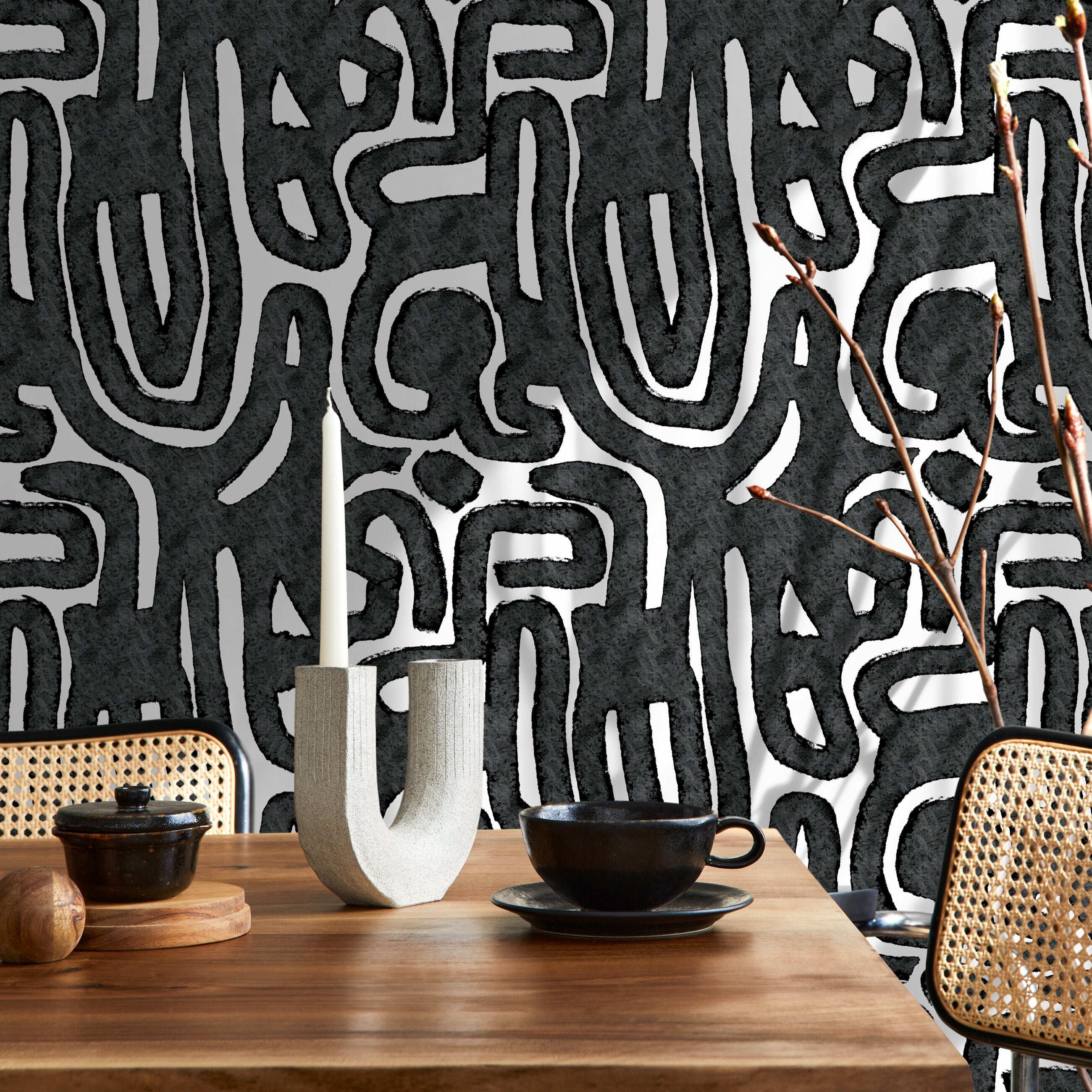 Abstract Wallpaper Featuring Bold Tribal Linework In Black And White - X103