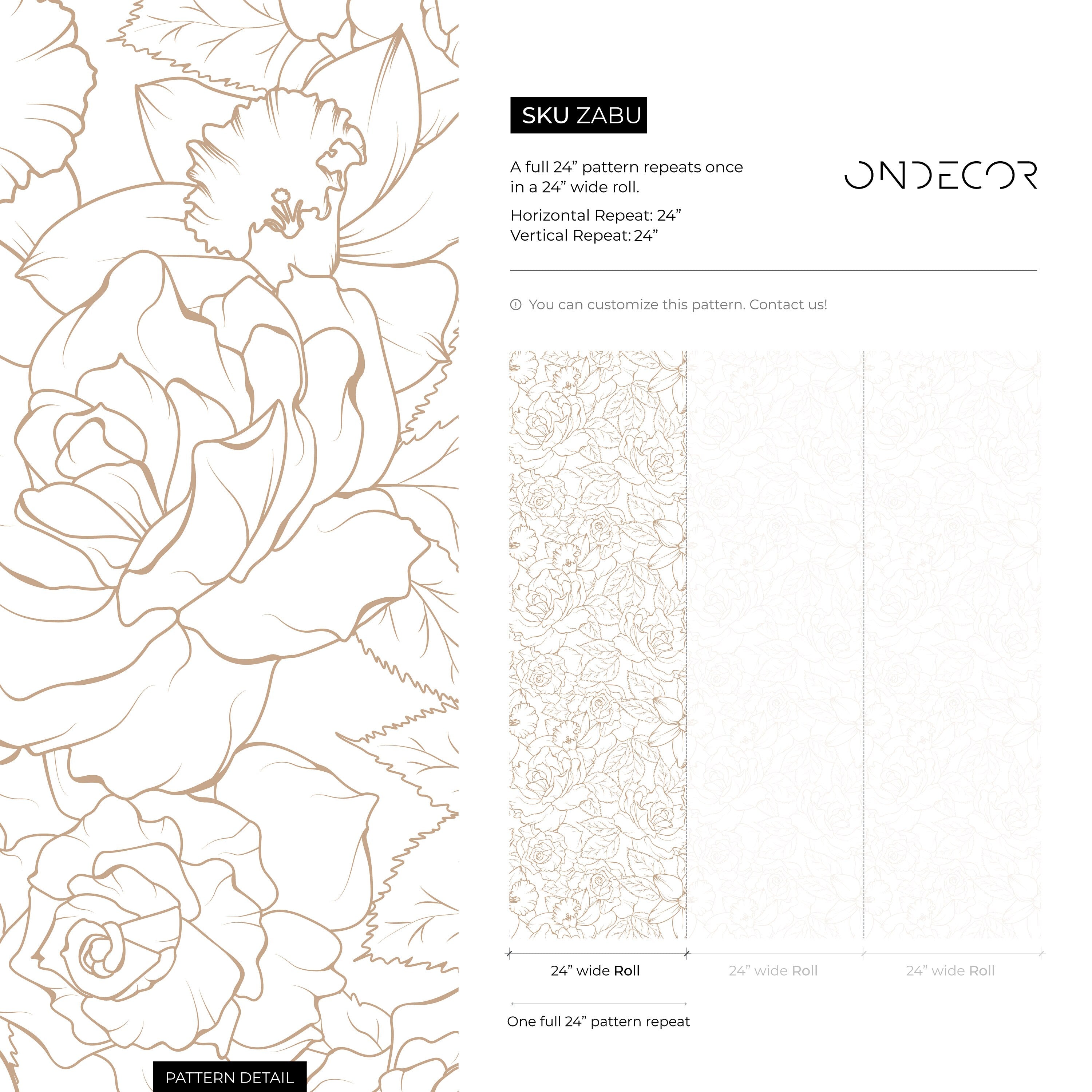Floral Wallpaper With A Minimalist Rose Motif In Gold - Zabu