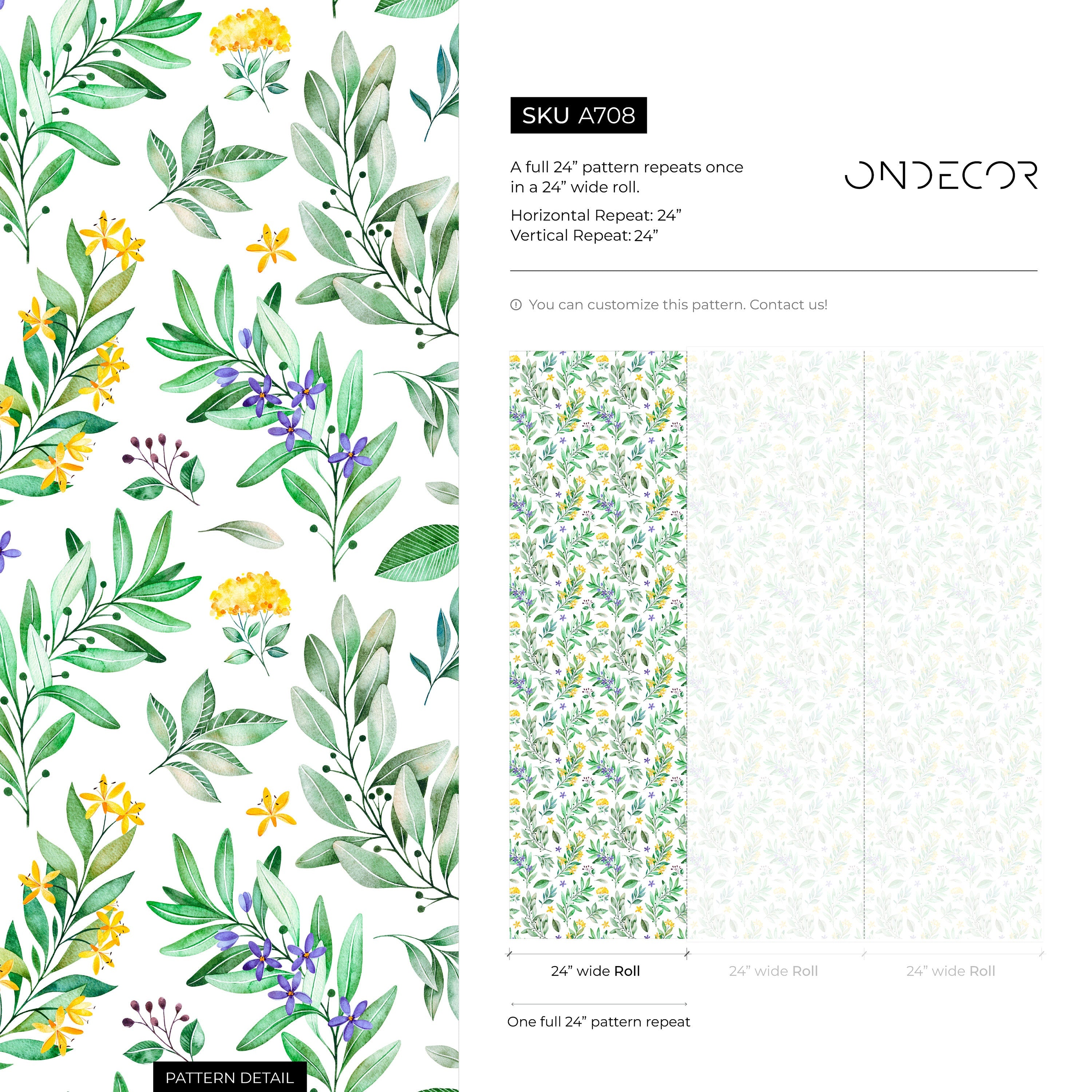Botanical Wallpaper With Watercolor Leaves And Florals In Green, Yellow, And Purple - A708