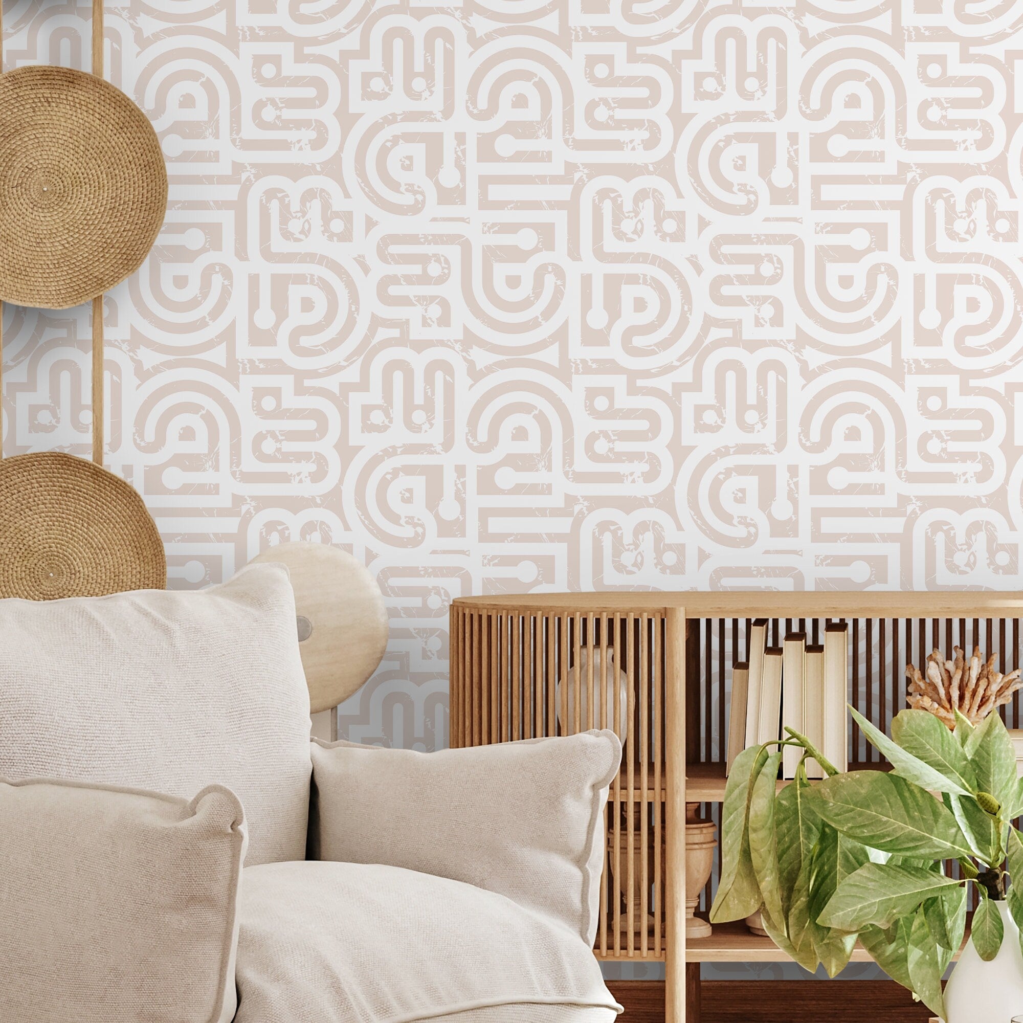 Geometric Wallpaper With A Distressed Abstract Motif In Beige - D944