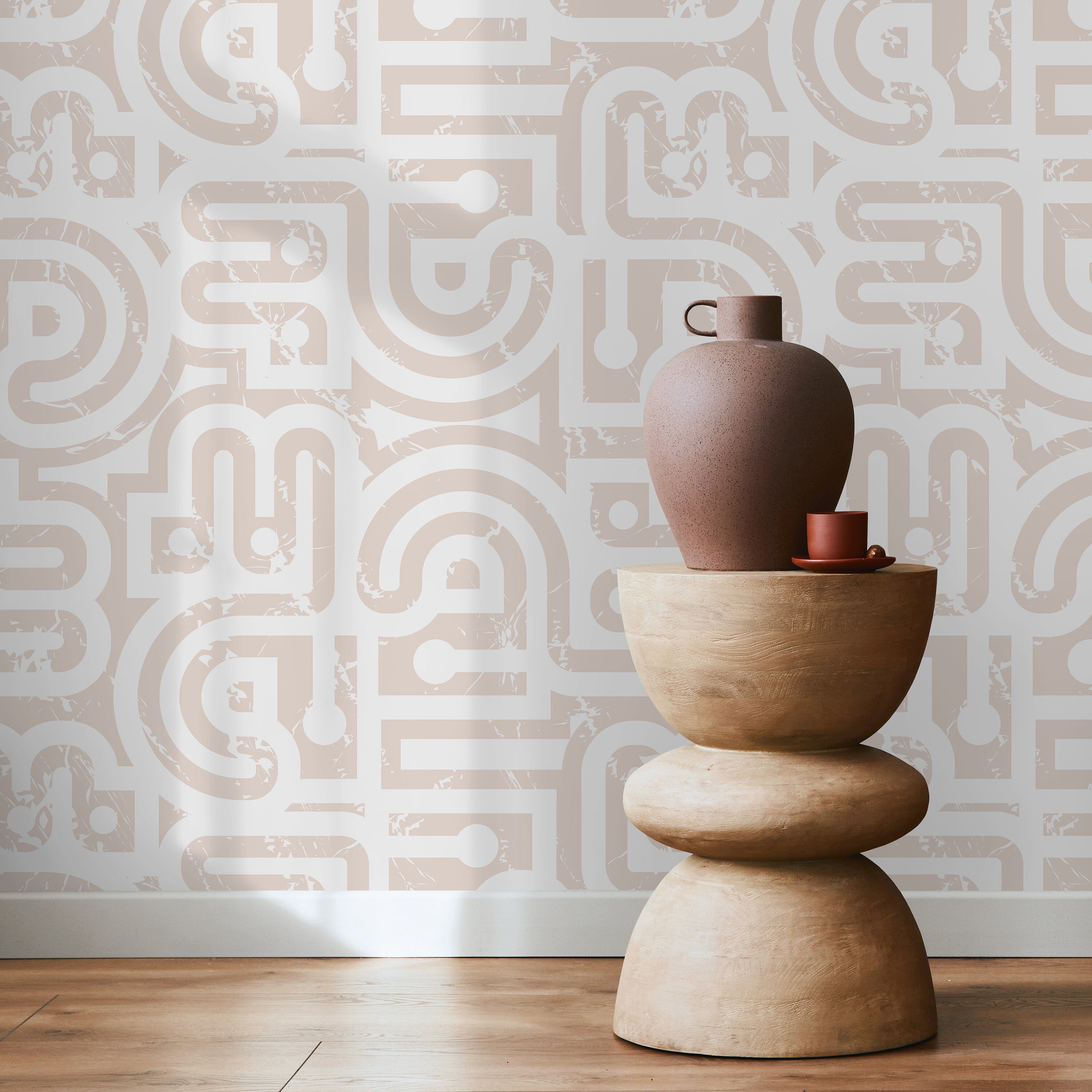 Geometric Wallpaper With A Distressed Abstract Motif In Beige - D944