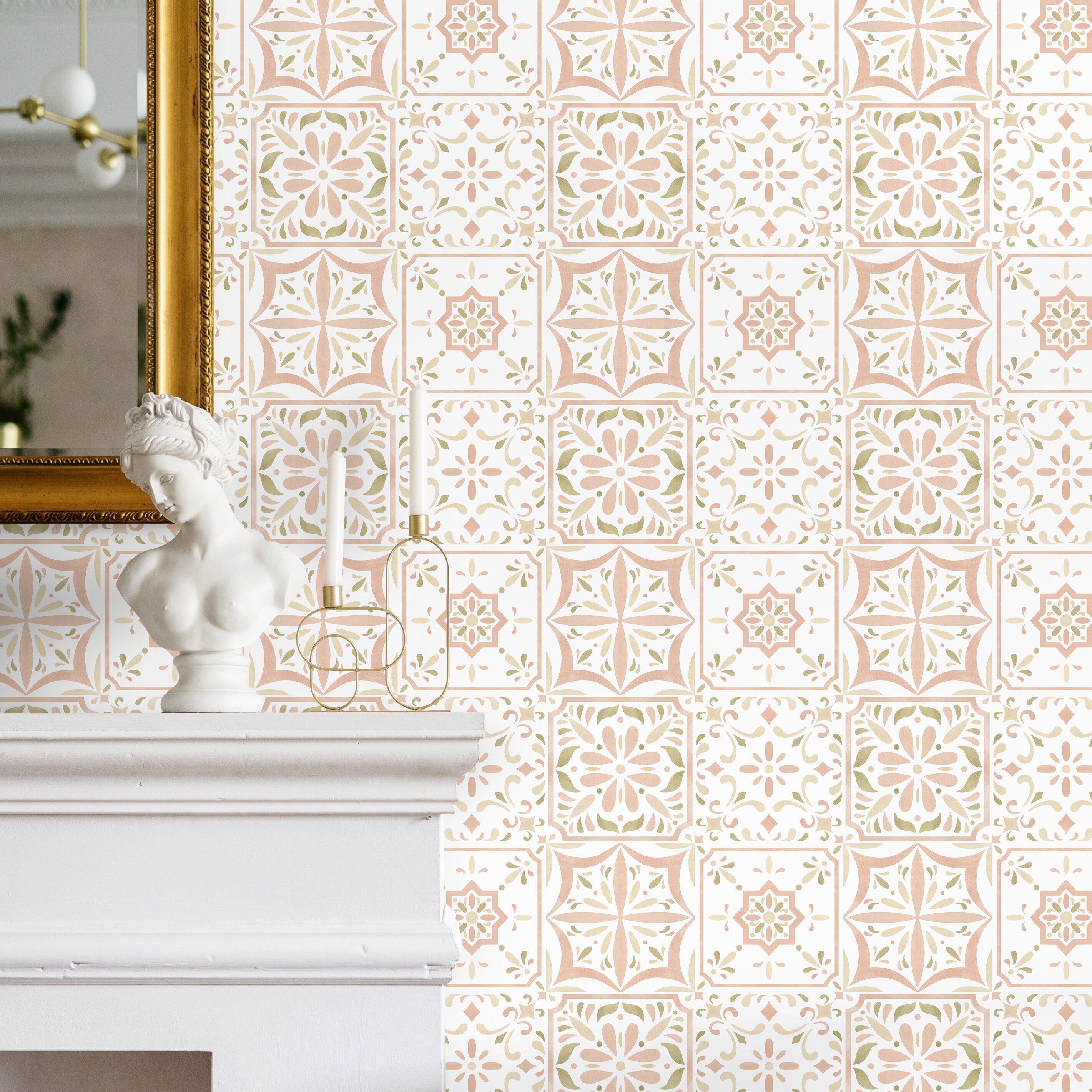 Tile Wallpaper With A Mediterranean Floral Motif In Pink, Green, And Beige - D945