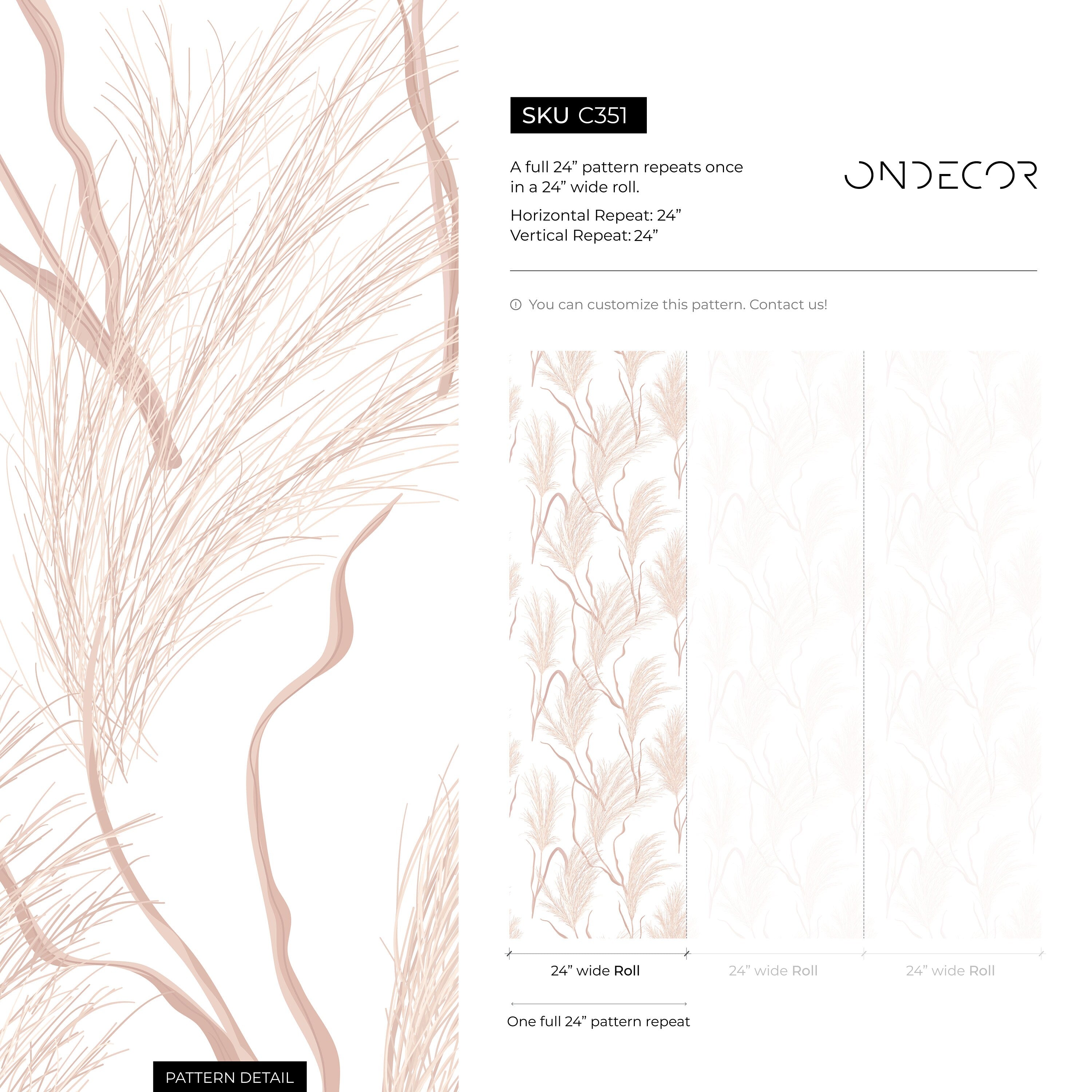 Botanical Wallpaper With Delicate Pampas Grass In Dusty Pink - C351