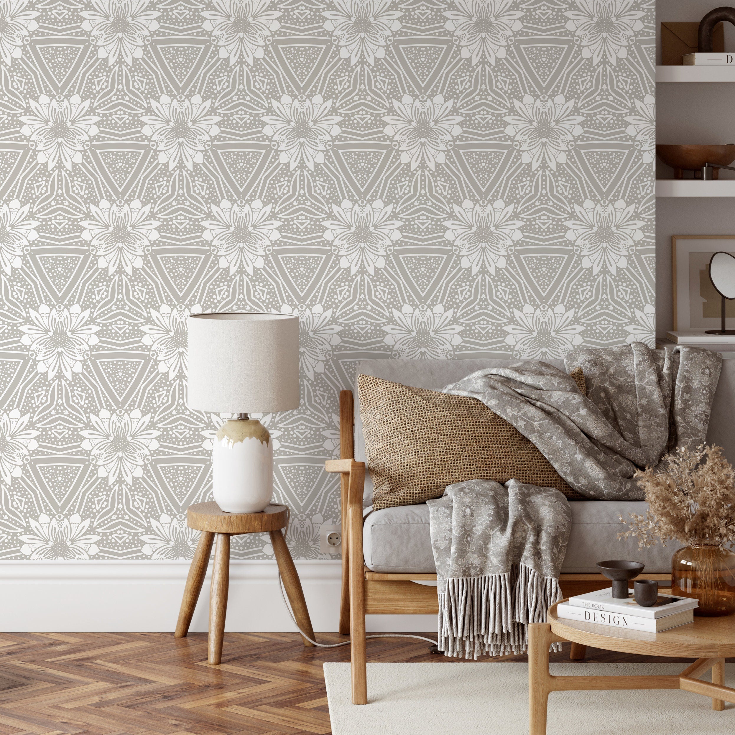 Scandinavian Wallpaper With A Geometric Floral Motif In Sage Green And White - X023