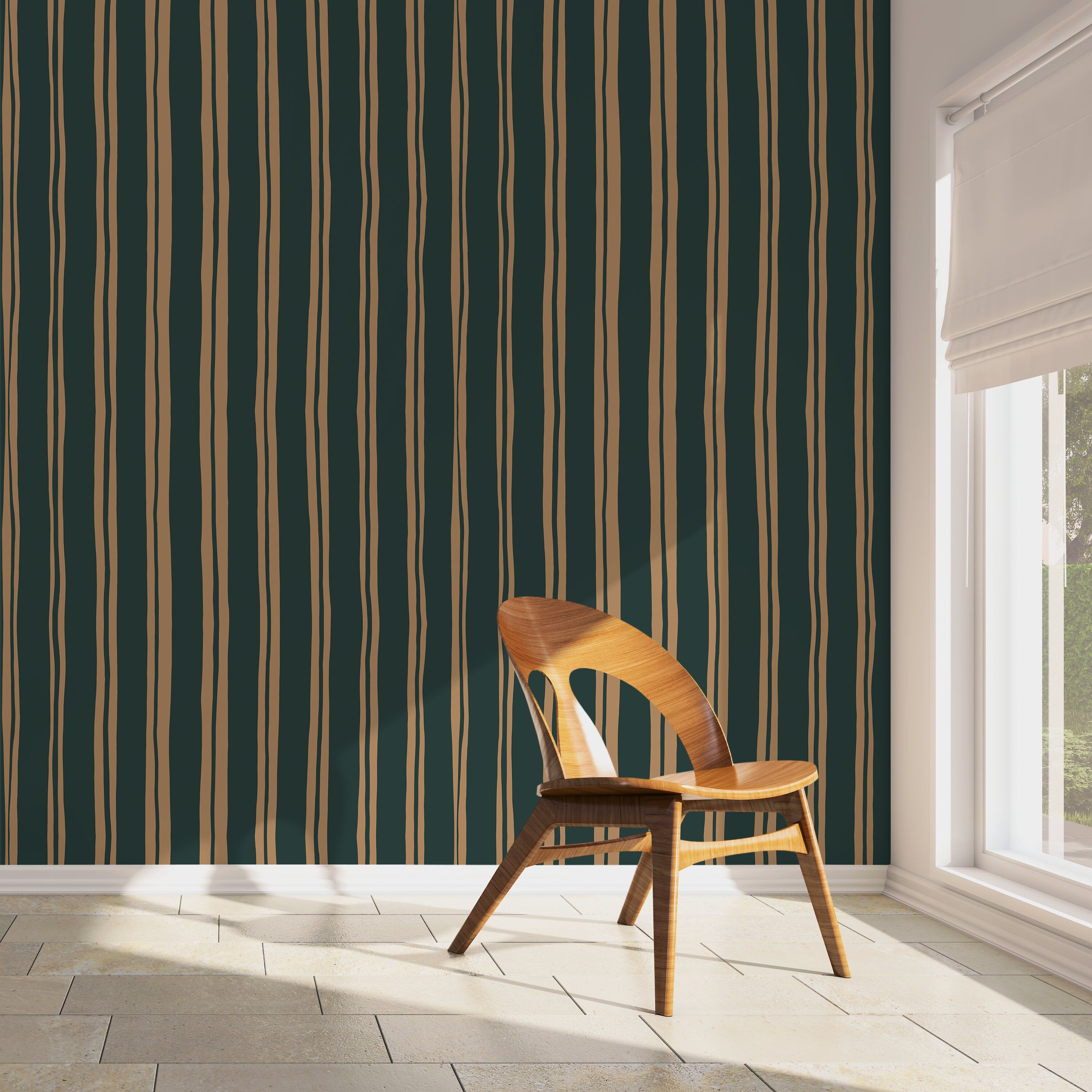 Striped Wallpaper With Wavy Hand-drawn Lines In Dark Green And Beige - D766