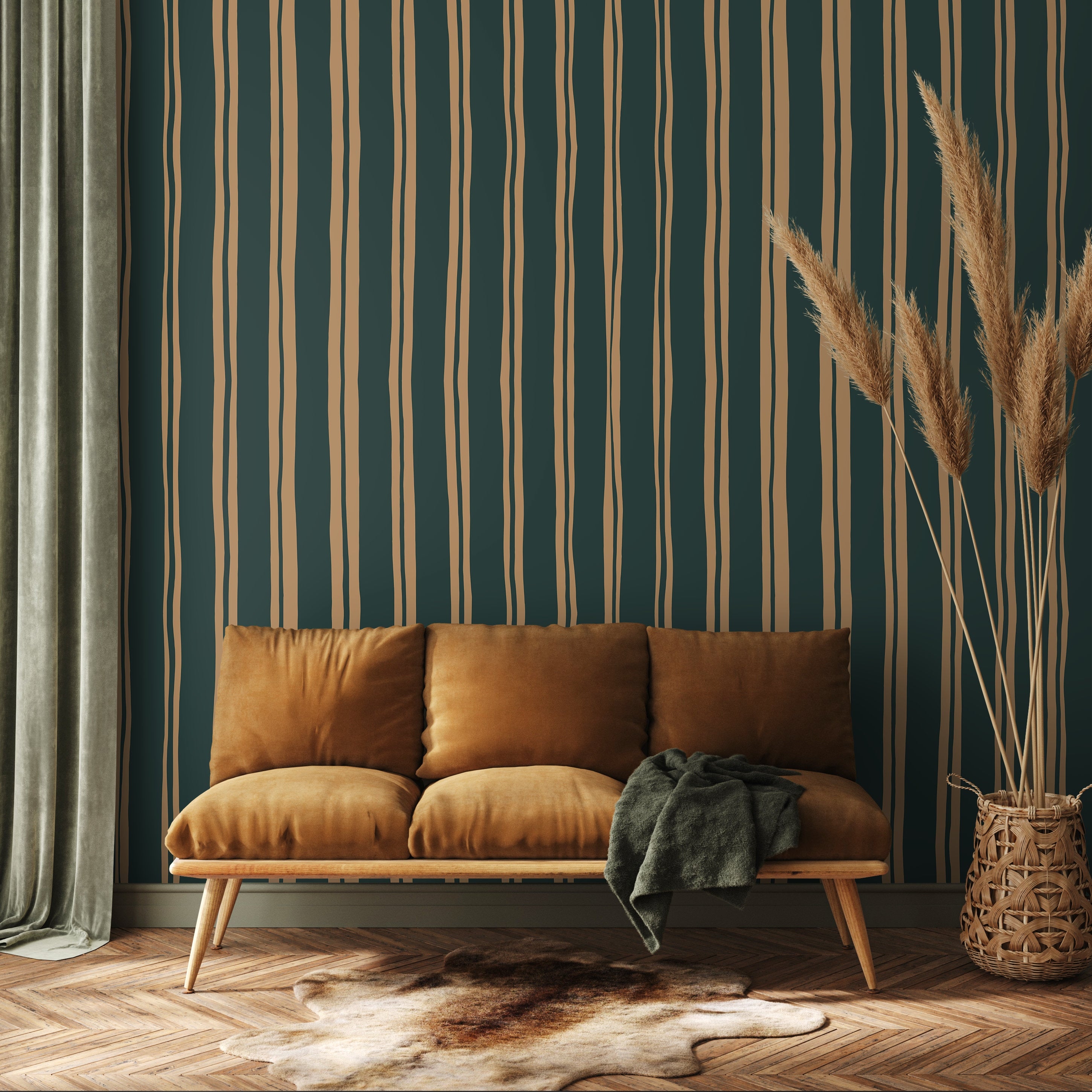Striped Wallpaper With Wavy Hand-drawn Lines In Dark Green And Beige - D766