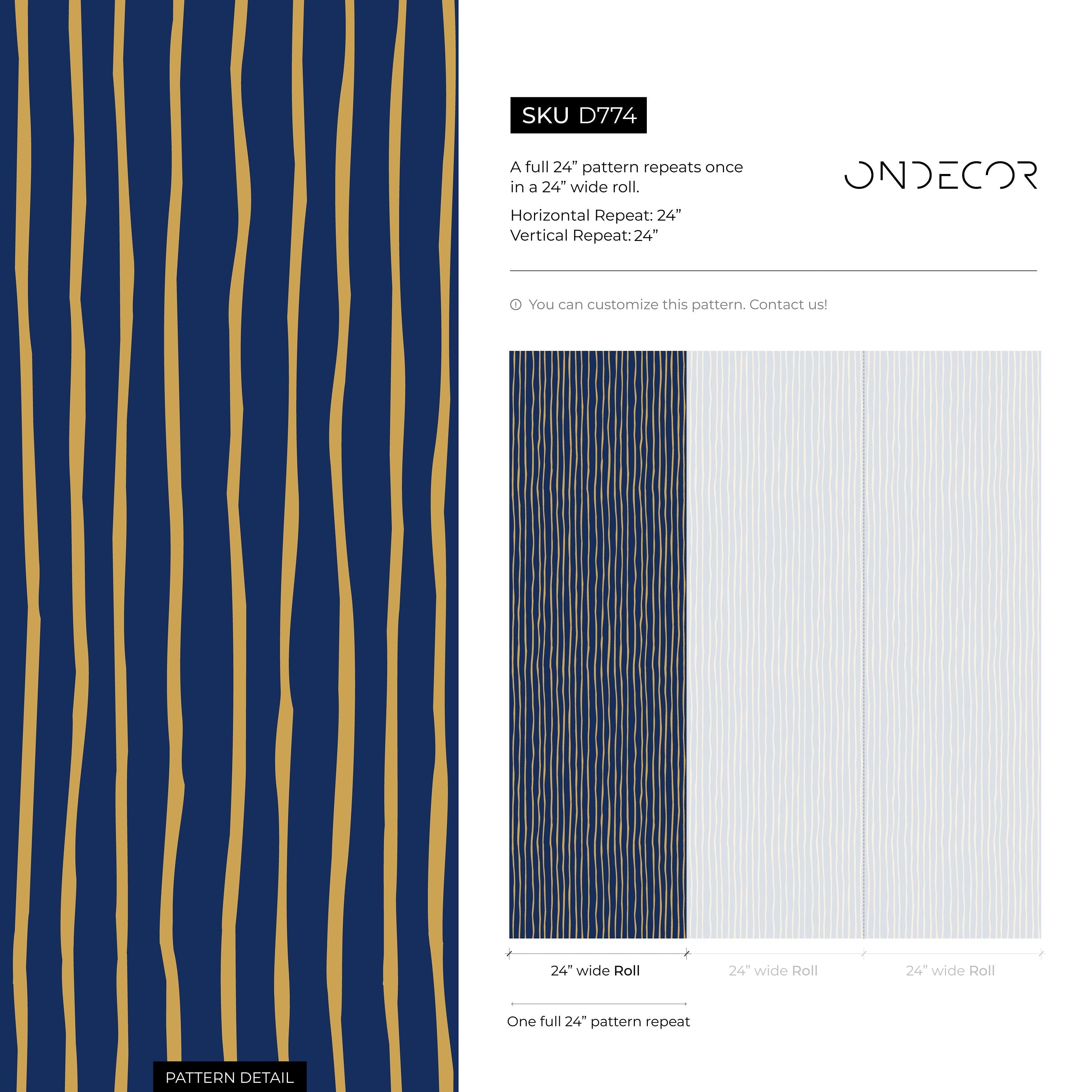 Striped Wallpaper With A Modern Wavy Line Motif In Gold And Navy Blue - D774