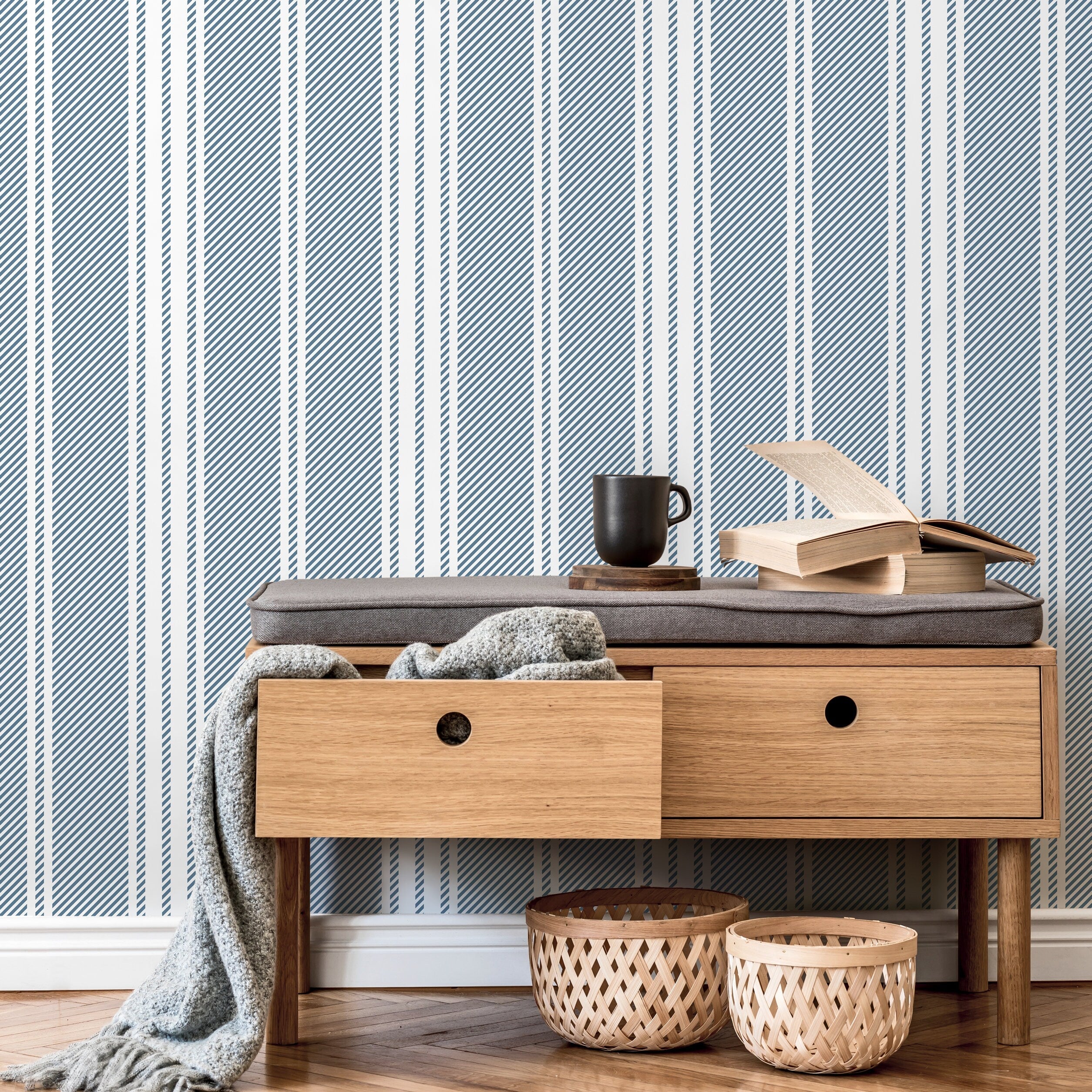 Striped Wallpaper Featuring Classic Ticking Stripes In Blue And White - D781