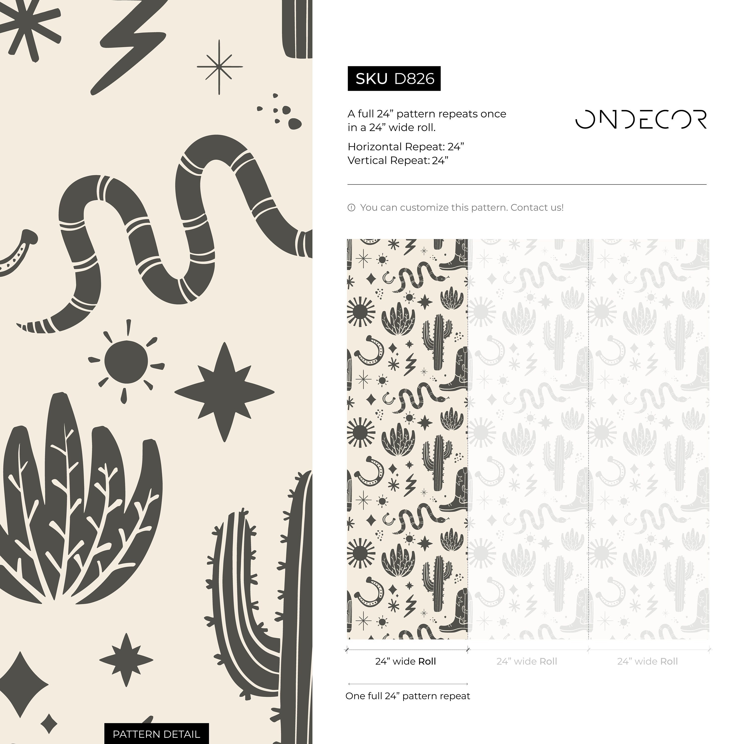 Western Wallpaper With Desert Icons In Charcoal And Beige - D826