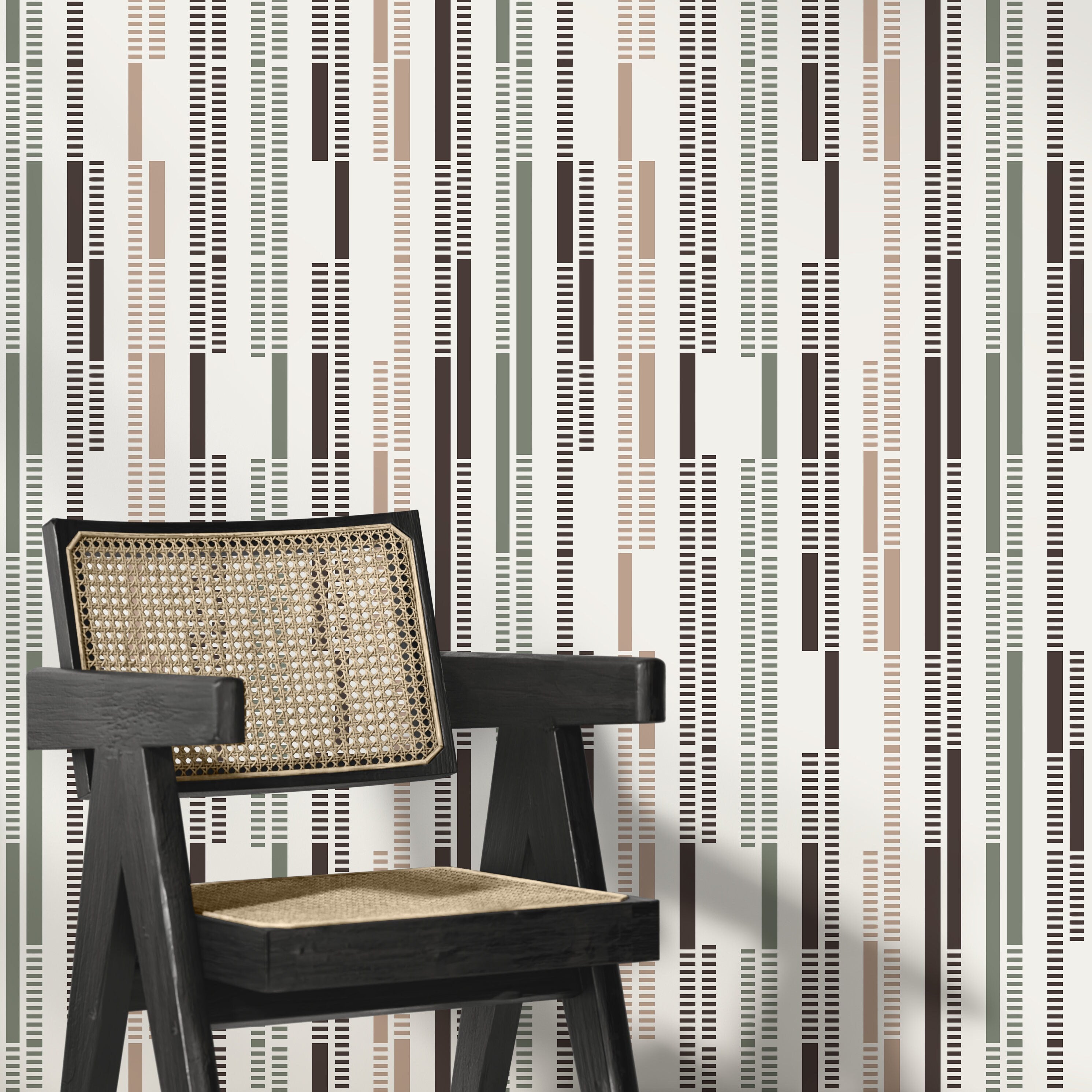 Geometric Wallpaper With Dashed Vertical Stripes In Brown, Green, And Taupe - D742