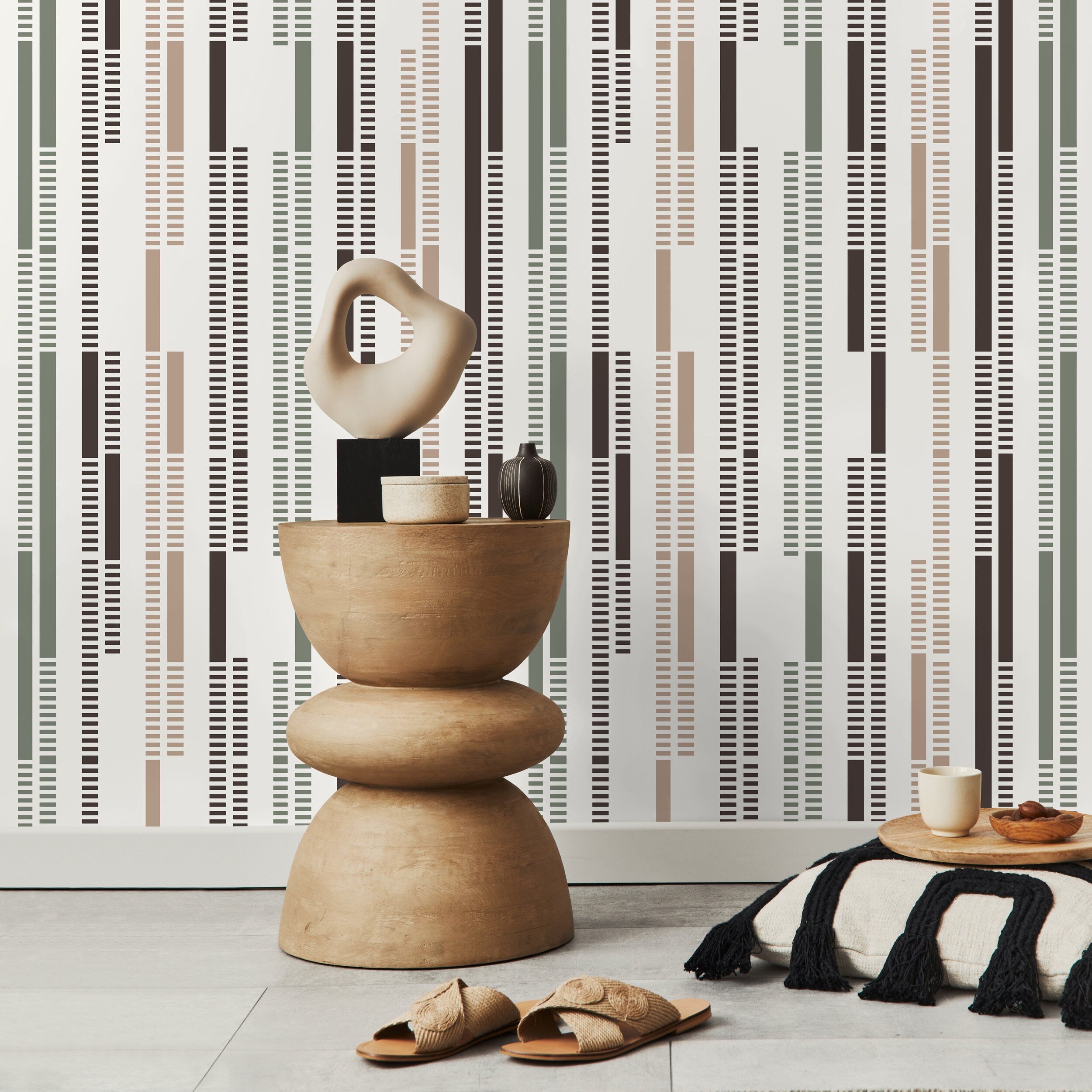 Geometric Wallpaper With Dashed Vertical Stripes In Brown, Green, And Taupe - D742