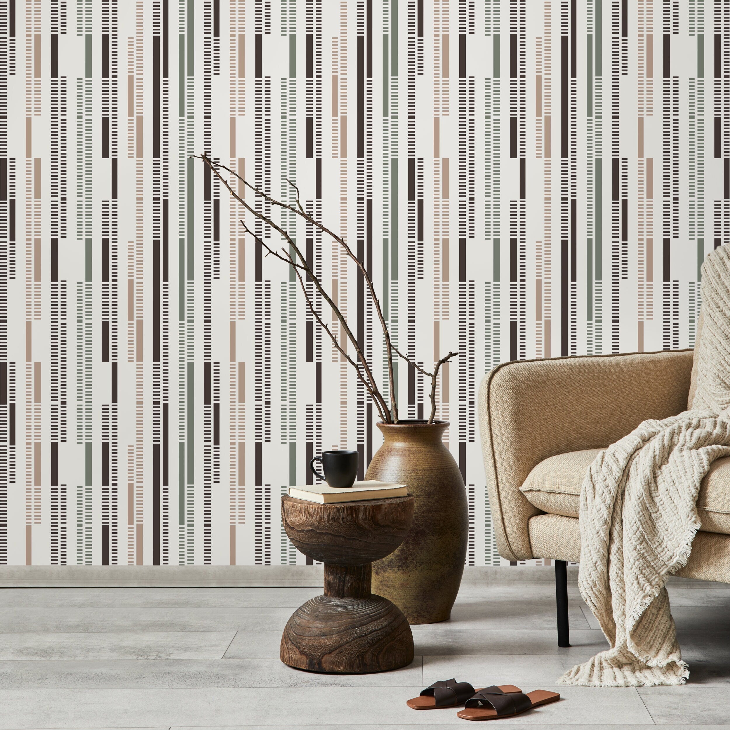 Geometric Wallpaper With Dashed Vertical Stripes In Brown, Green, And Taupe - D742