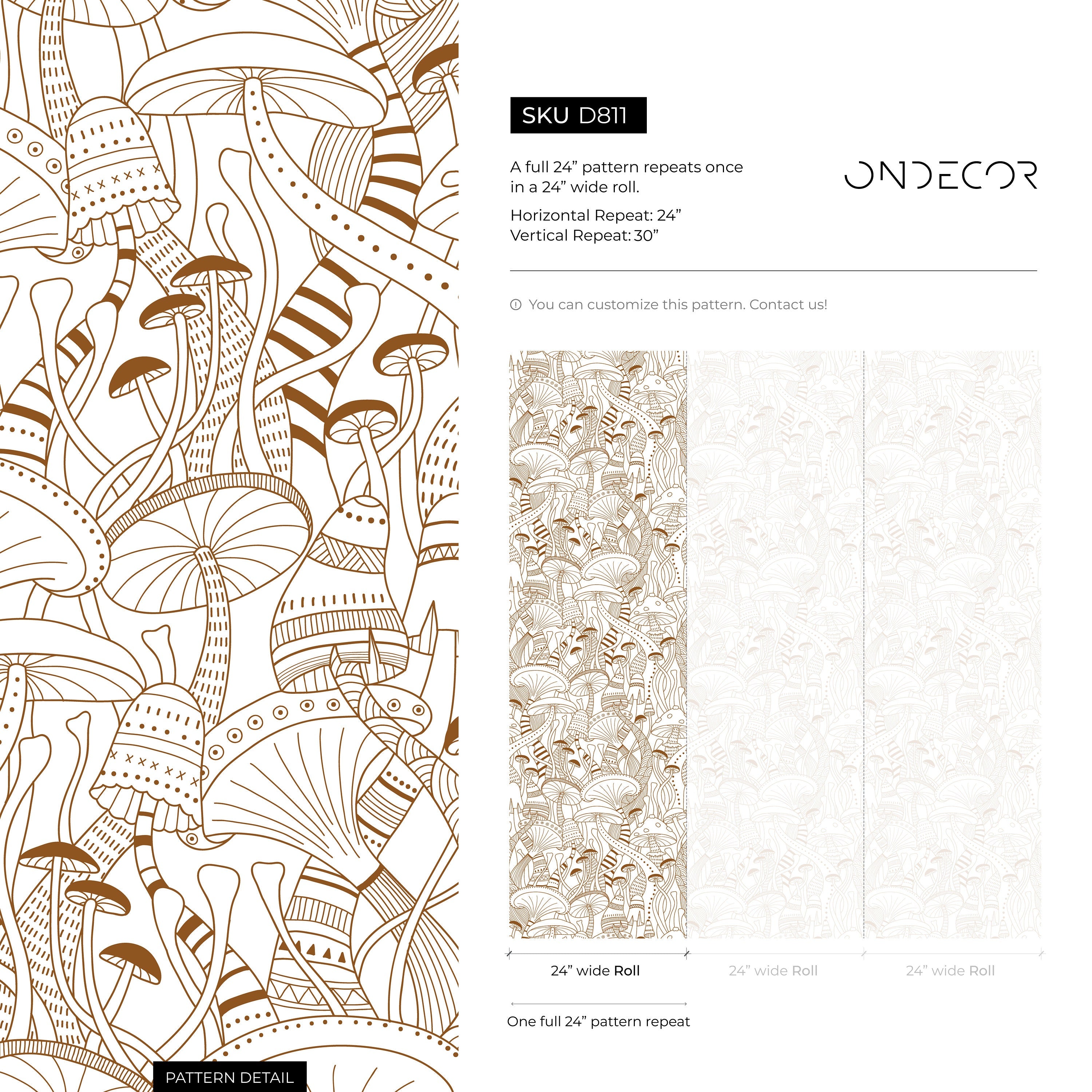 Mushroom Wallpaper With A Whimsical Line Art Motif In Brown - D811