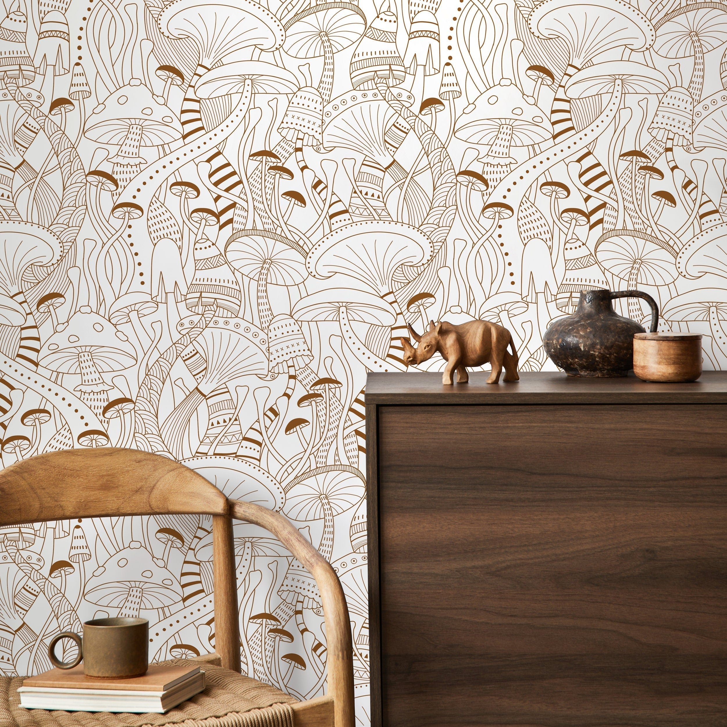 Mushroom Wallpaper With A Whimsical Line Art Motif In Brown - D811