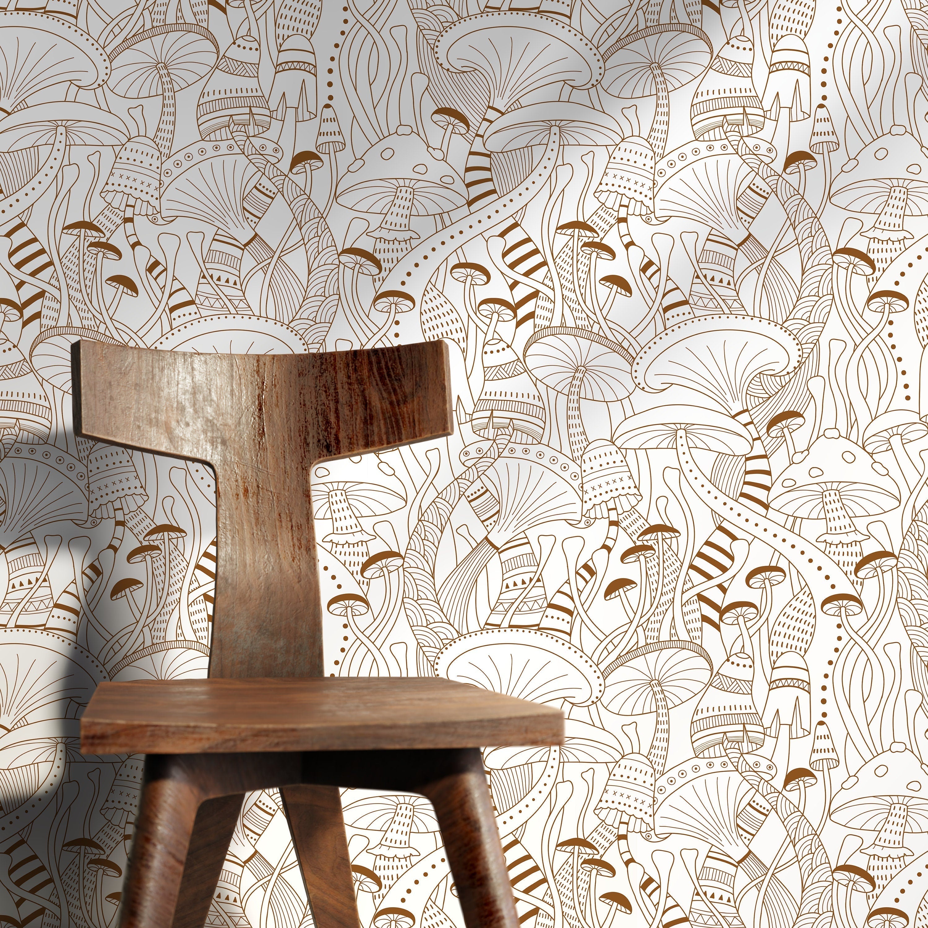 Mushroom Wallpaper With A Whimsical Line Art Motif In Brown - D811