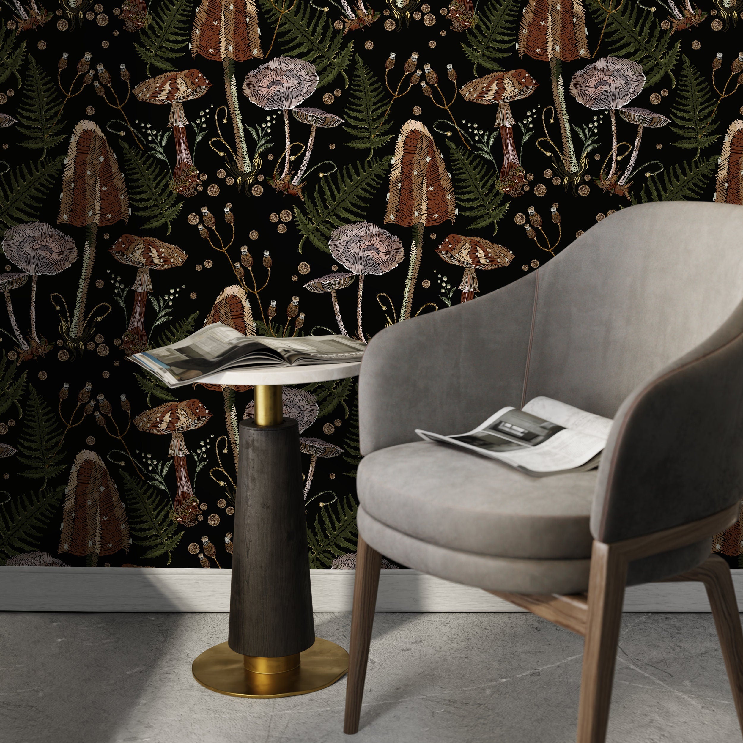 Mushroom Wallpaper With An Embroidered Fern Motif In Brown, Green, And Black - D815