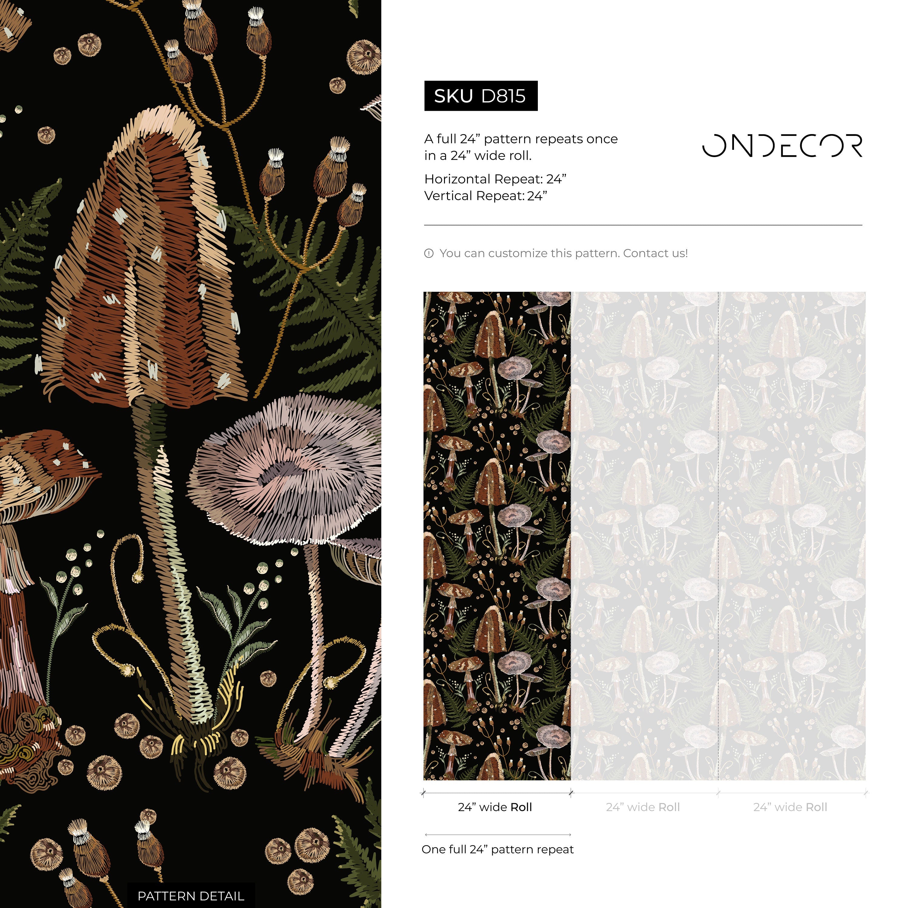 Mushroom Wallpaper With An Embroidered Fern Motif In Brown, Green, And Black - D815