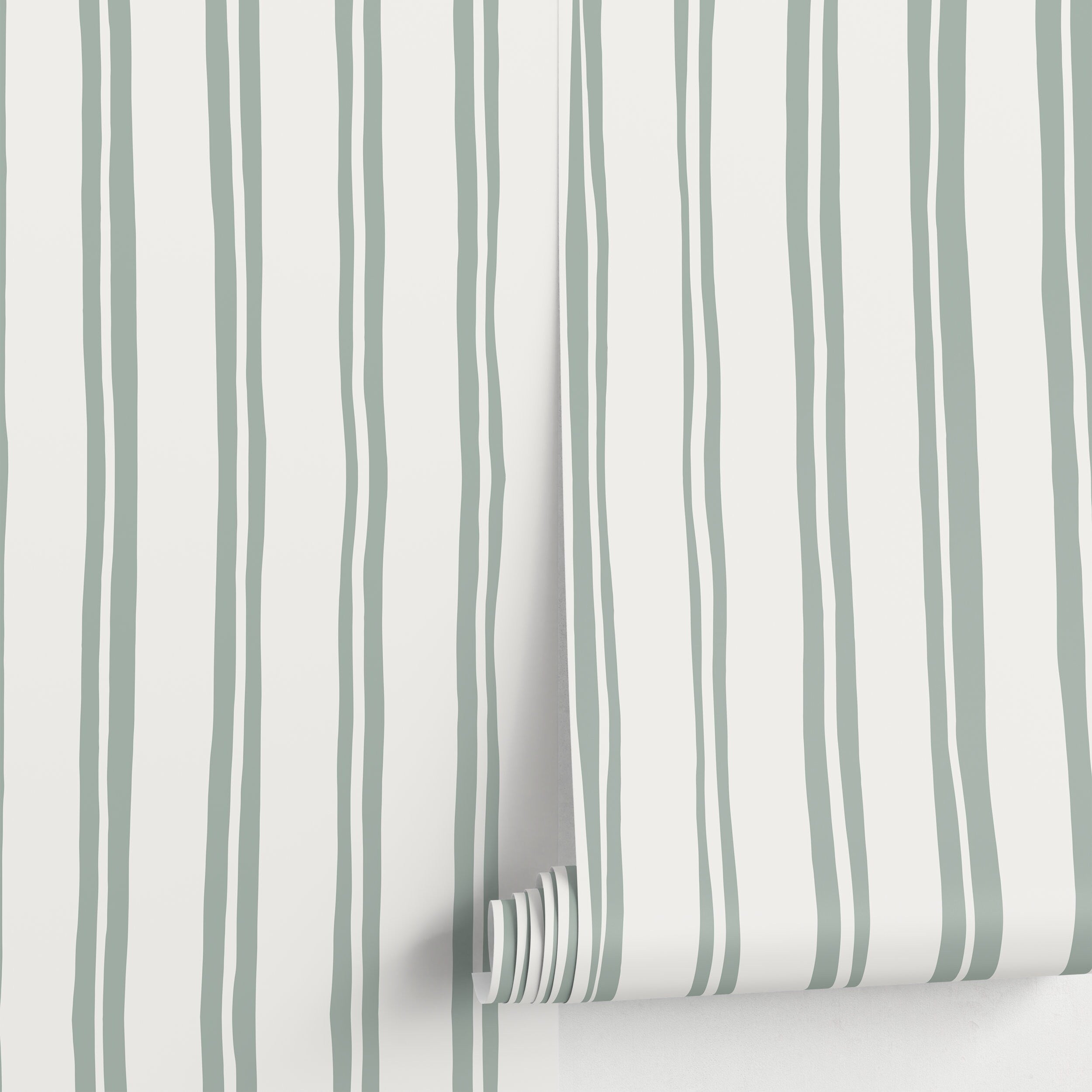 Striped Wallpaper With Wavy Lines In Light Green And Light Gray - D764