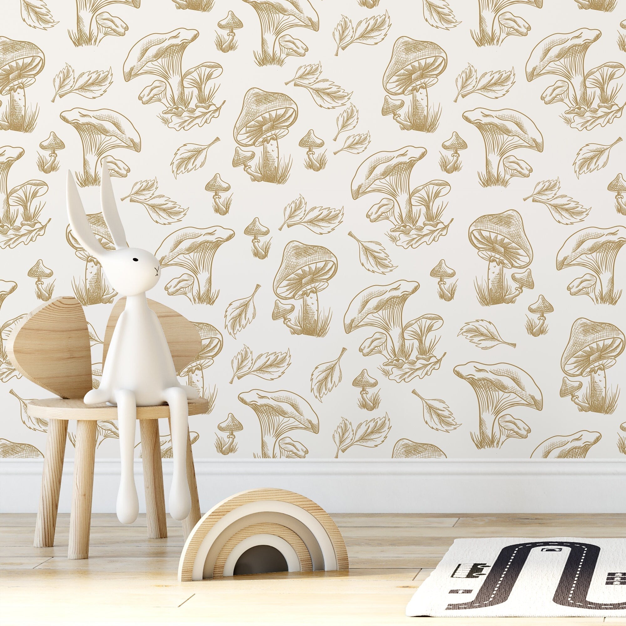 Mushroom Wallpaper With A Hand-drawn Botanical Motif In Beige - D820