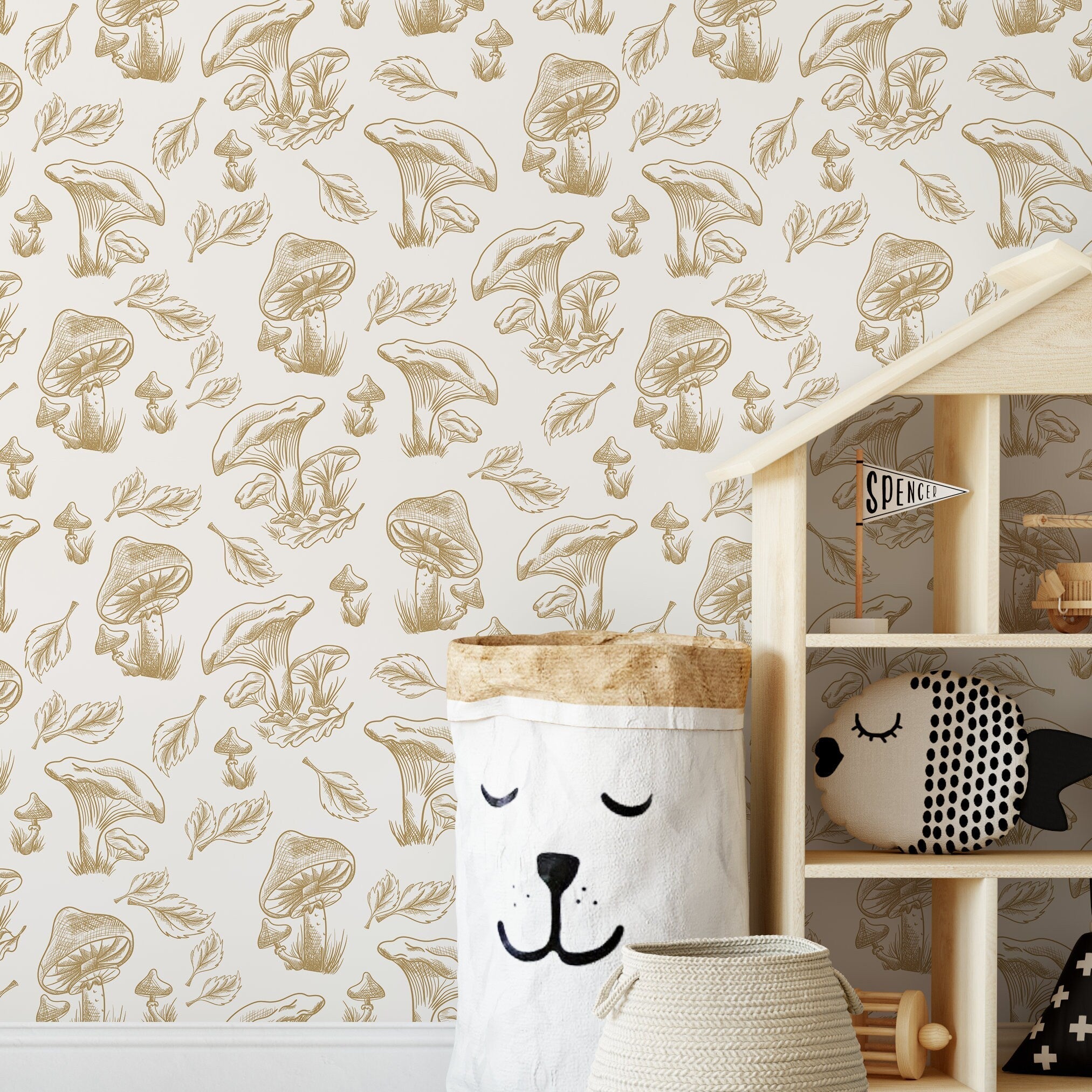 Mushroom Wallpaper With A Hand-drawn Botanical Motif In Beige - D820