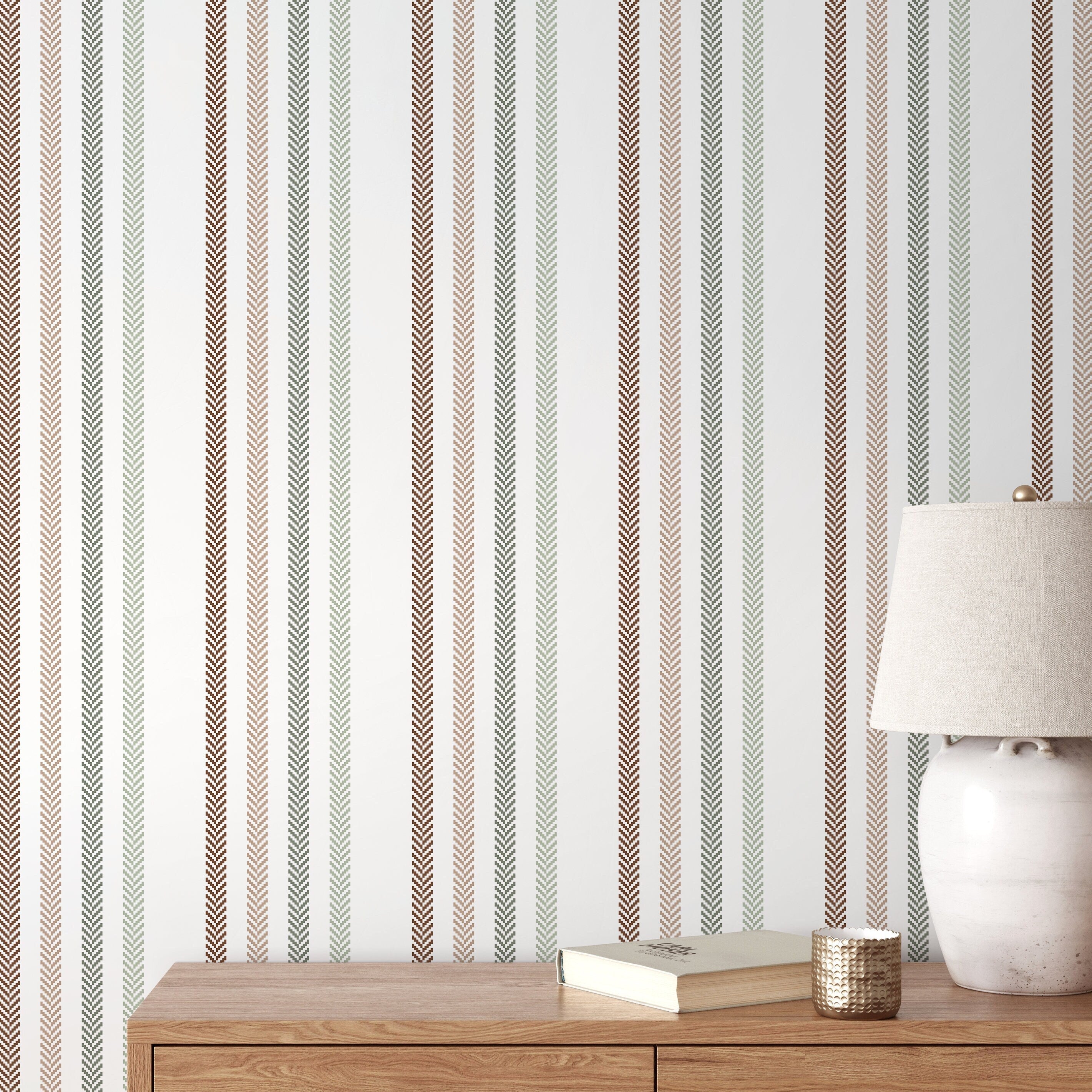 Striped Wallpaper With A Chevron Motif In Brown, Green, And Beige - D779