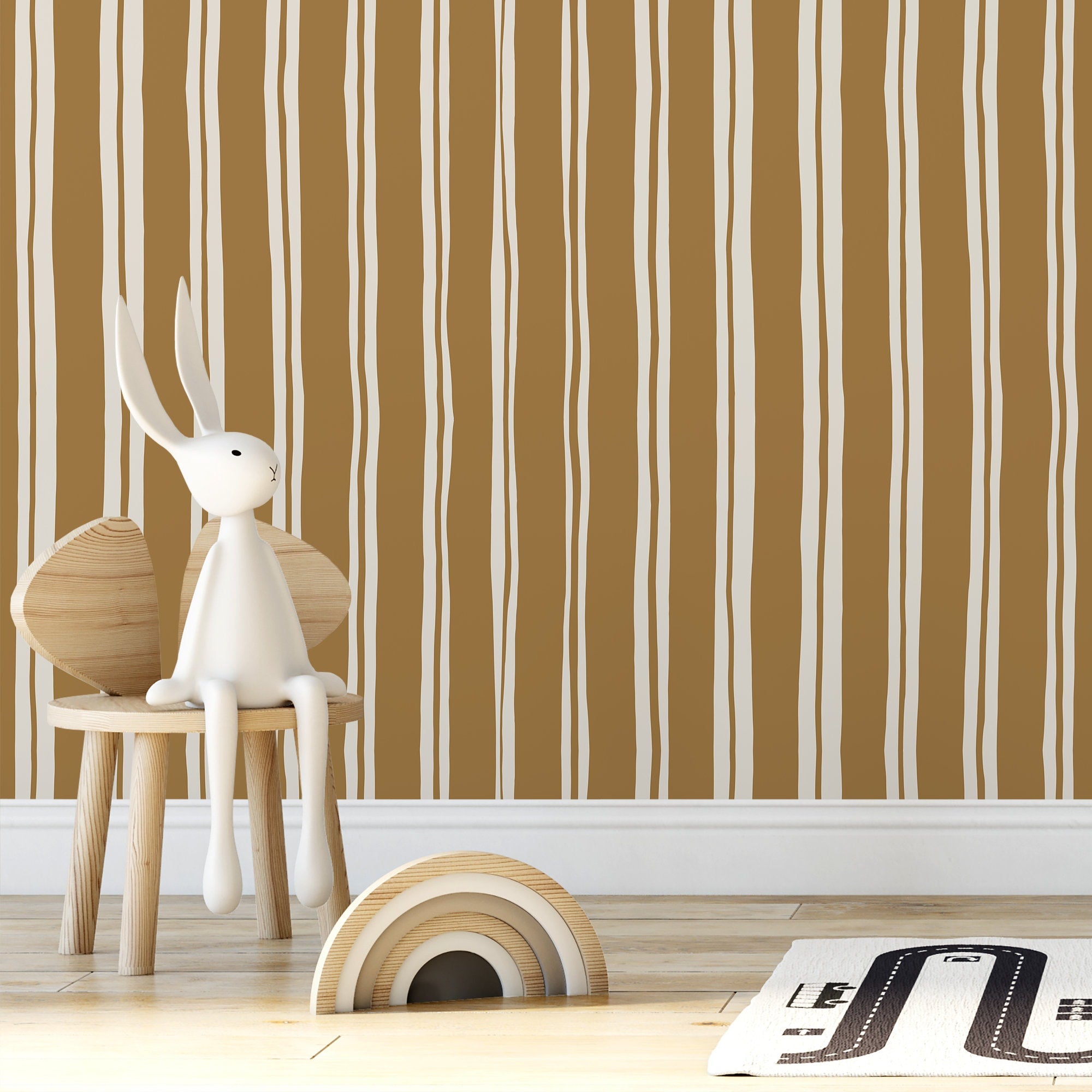 Striped Wallpaper With Organic Wavy Lines In Mustard And Off-white - D767