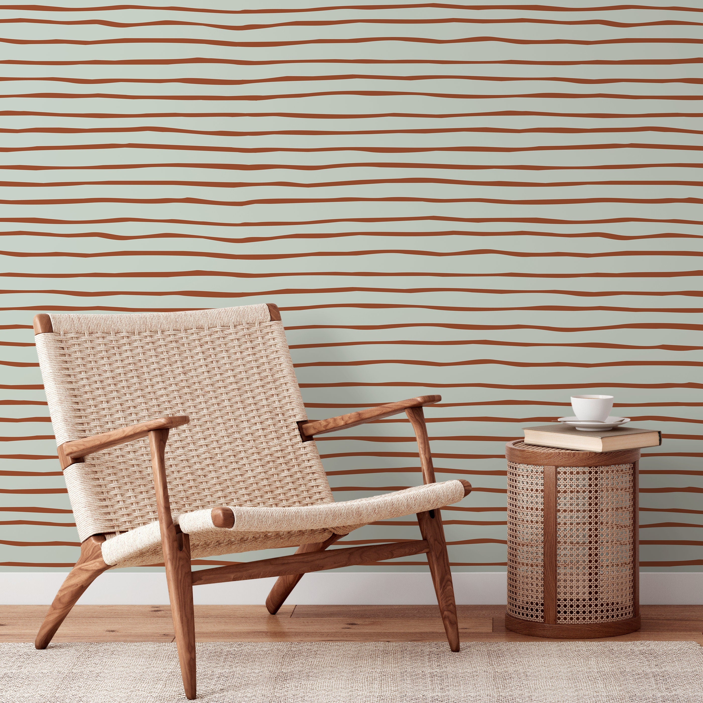 Boho Wallpaper With Modern Wavy Stripes In Terracotta And Sage - D775