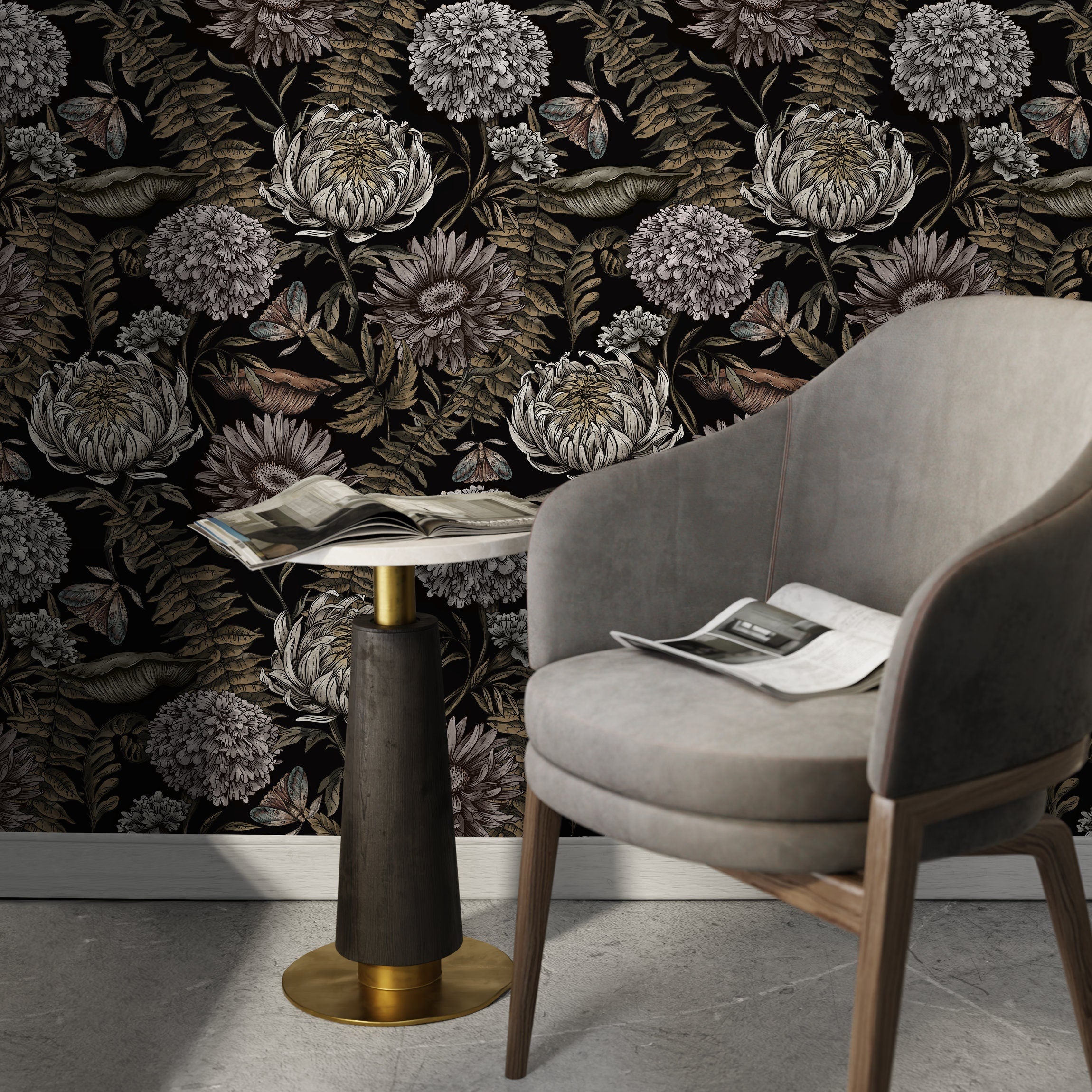 Floral Wallpaper With Vintage Peonies And Moths In Black, Beige, And Muted Green - D823